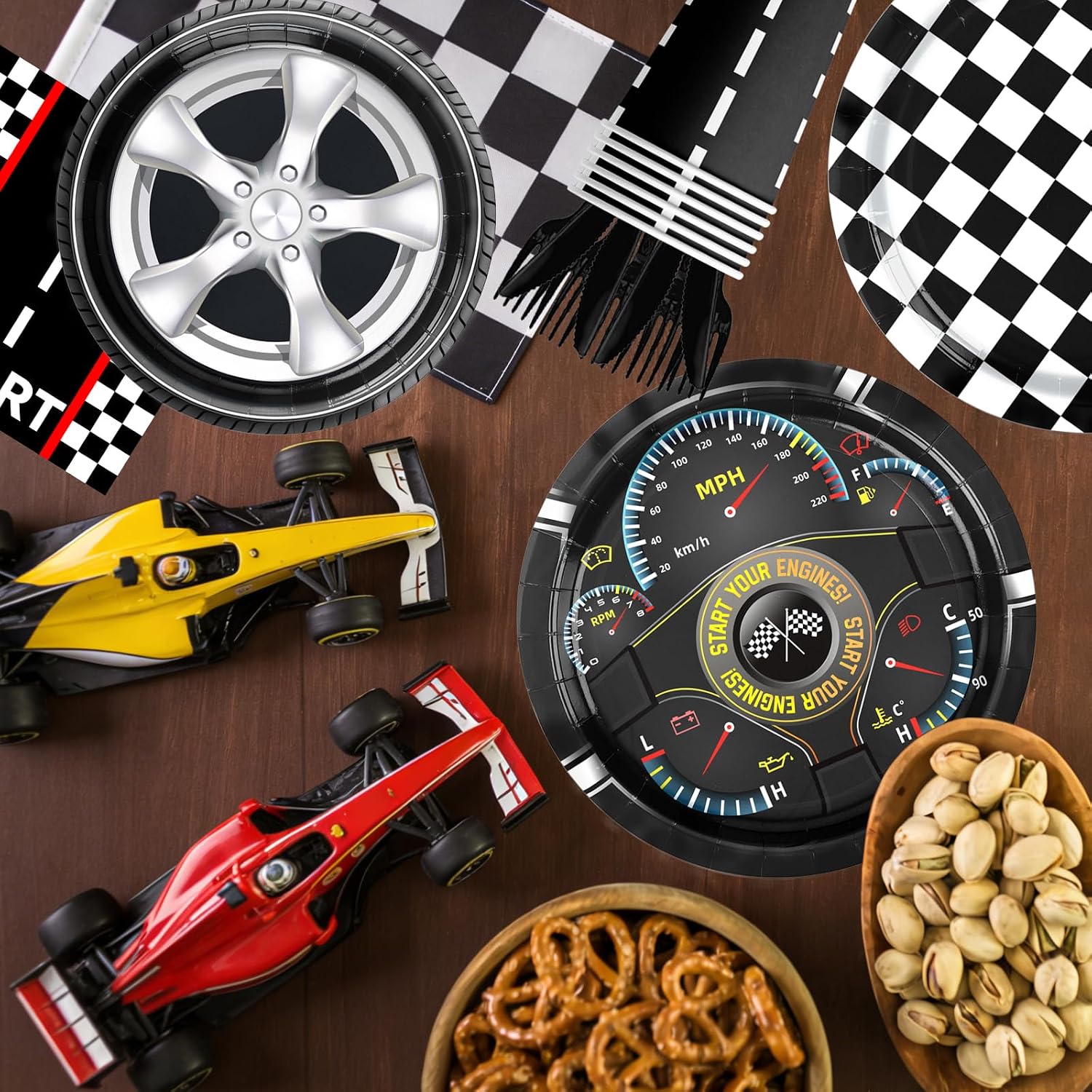 Race Car Party Decorations Tableware,144Pcs Race Car Plates and napkins,Cups,Fork,Knife,Black and White Checkered Plates for Boys Race Car Birthday Party Decorations, Serves 24