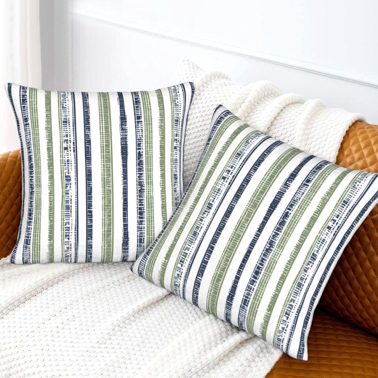 KiuLoam Boho Navy Blue and Sage Green Striped Throw Pillow Covers 20 x 20 Inch Set of 2 Outdoor Decorative Pillow Cases Farmhouse Cushion Cases for Couch Bed Home Decor image 2