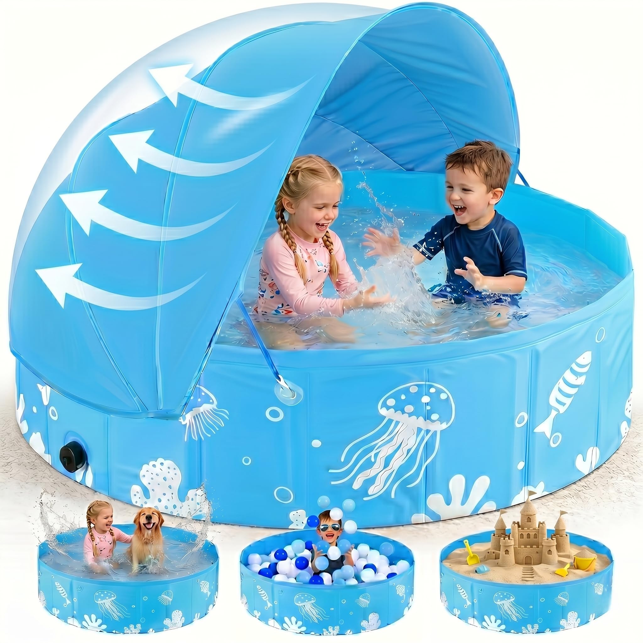 ROMIVO Paddling Pool with Canopy Foldable Kiddie Pool