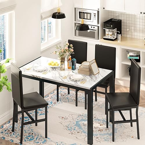 Miniatura 2 de Hooseng Juego de mesa de comedor de 5 piezas para 4 personas con parte superior de mármol sintético y sillas de terciopelo, juego de mesa de cocina