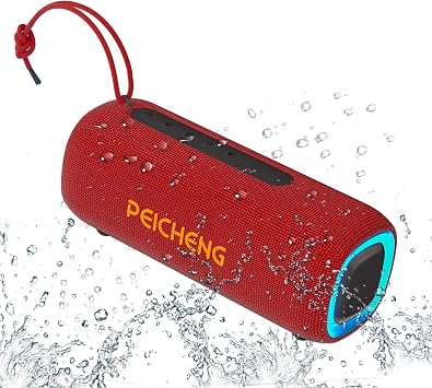 PEICHENG Bluetooth Speaker, Portable Wireless Clear Loud Stereo Sound IPX5 Waterproof with RGB Lights BT5.3 Long Playtime TWS Pairing,for Home Party Outdoor Beach,Great Gift Choice Red
