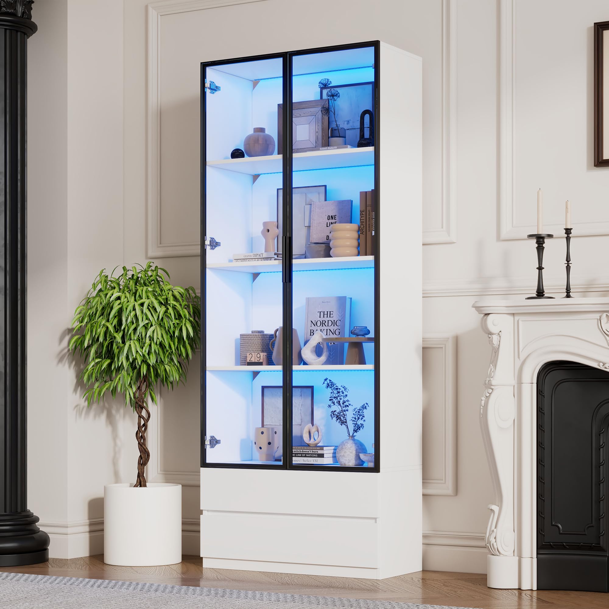 LAKFEW Vitrina con LED y Almacenaje, Vitrina Cristal con 2 Cajones y 2 Puertas de Cristal, Vitrina Expositora Mueble Salon para Despacho, Vitrinas para Salon, 80x34x200 cm, Blanco