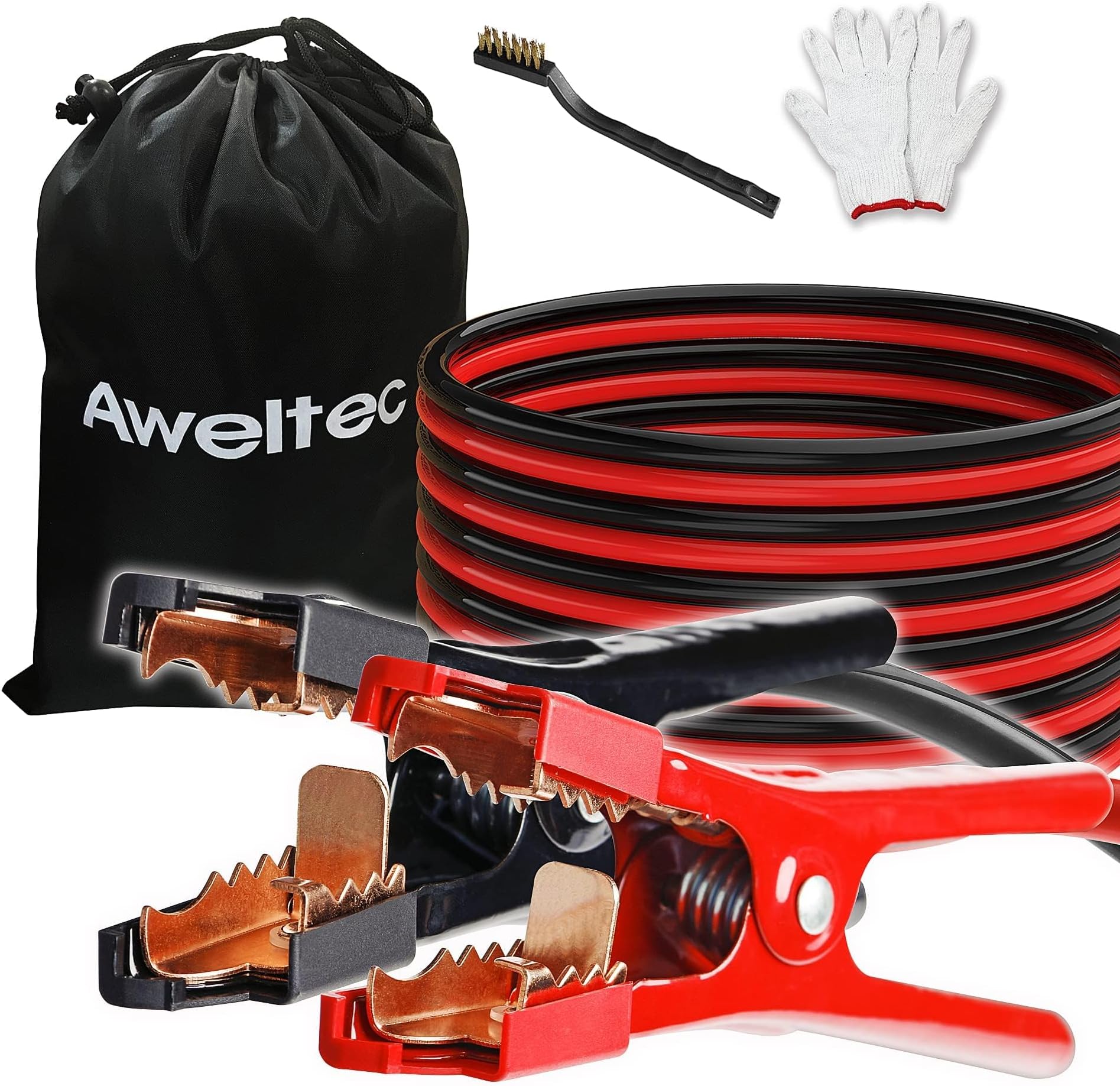 Heavy Duty Jumper Cables,All Copper 6 Gauge 20 Feet Booster Battery Cable,Automotive Wires with Alligator Clips,Carrying Bag,Safety Gloves and Iron Brush for Cars Truck