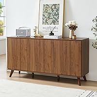 XUZENEST Fluted Walnut Sideboard Buffet Cabinet with 3 Doors - Modern Storage Credenza for Kitchen Dining Living Room