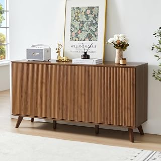 XUZENEST Fluted Walnut Sideboard Buffet Cabinet with 3 Doors - Modern Storage Credenza for Kitchen Dining Living Room