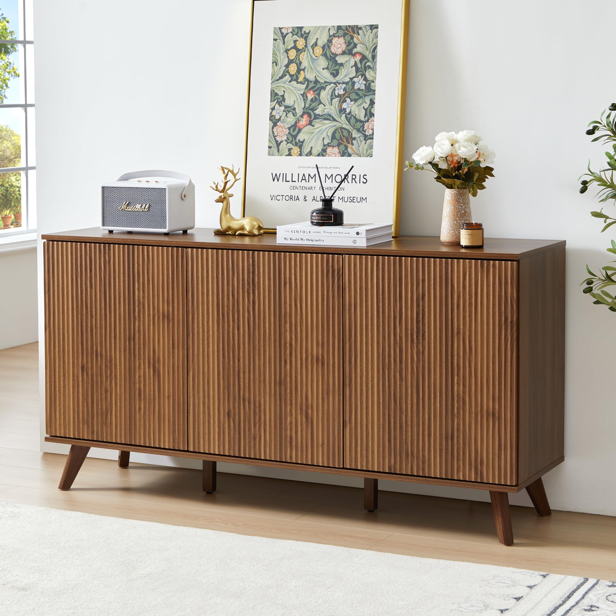 XUZENEST Fluted Sideboard Buffet Cabinet with Storage, Modern Storage Cabinet with 3 Doors, Wood Credenza Buffet Sideboards, Console Table for Kitchen Dining Living Room Entryway (Walnut)