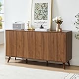 Fluted Sideboard Buffet Cabinet with Storage, Modern Storage Cabinet with 3 Doors, Wood Credenza Buffet Sideboards, Console Table for Kitchen Dining Living Room Entryway (Walnut)