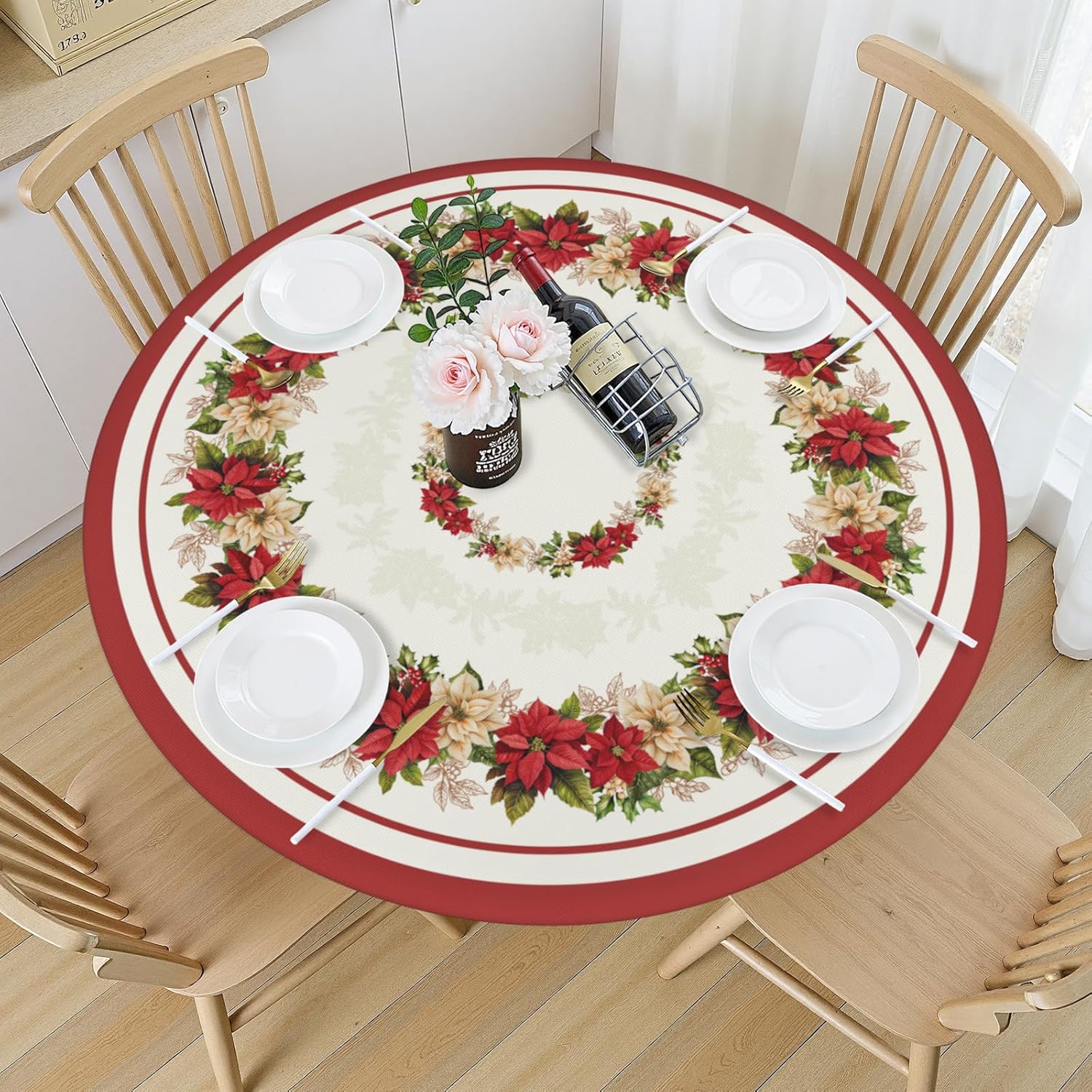 Christmas Round Fitted Tablecloth with Elastic for 40-44 Inch Tables Winter Floral Leaves Print Fitted Table Cover Waterproof Holiday Theme Farmhouse Indoor Outdoor Patio Picnic Party Decor