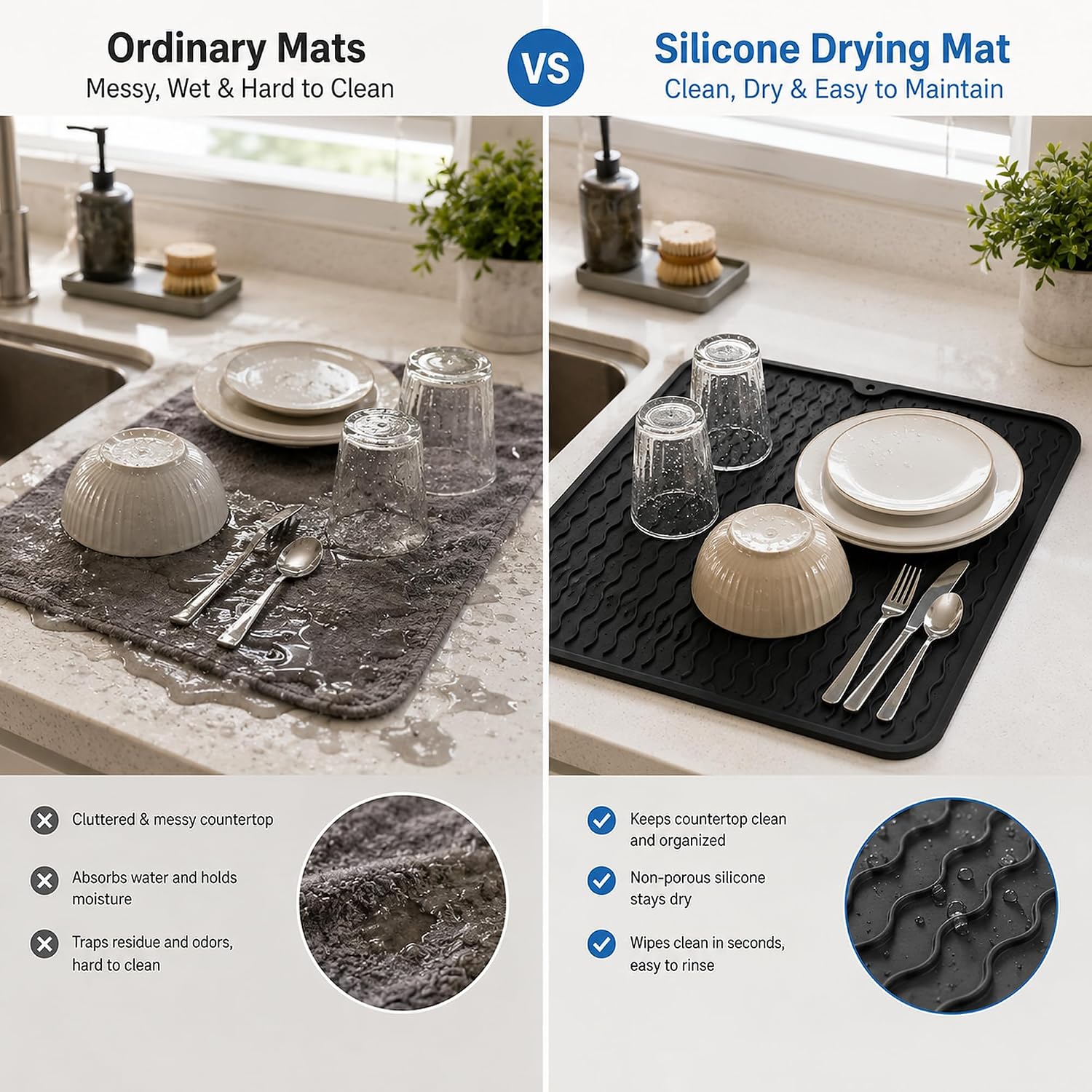 2 Pack Silicone Dish Drying Mat, Waterproof for Counter & Coffee Bar