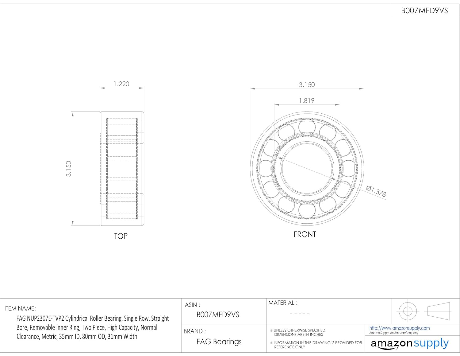 FAG Bearings NUP330E-M1 Single Row Cylindrical Roller Bearing, Straight Bore, Removable Inner Ring, Two Piece, High Capacity, Normal Clearance, Metric, 150mm ID, 320mm OD, 65mm Width