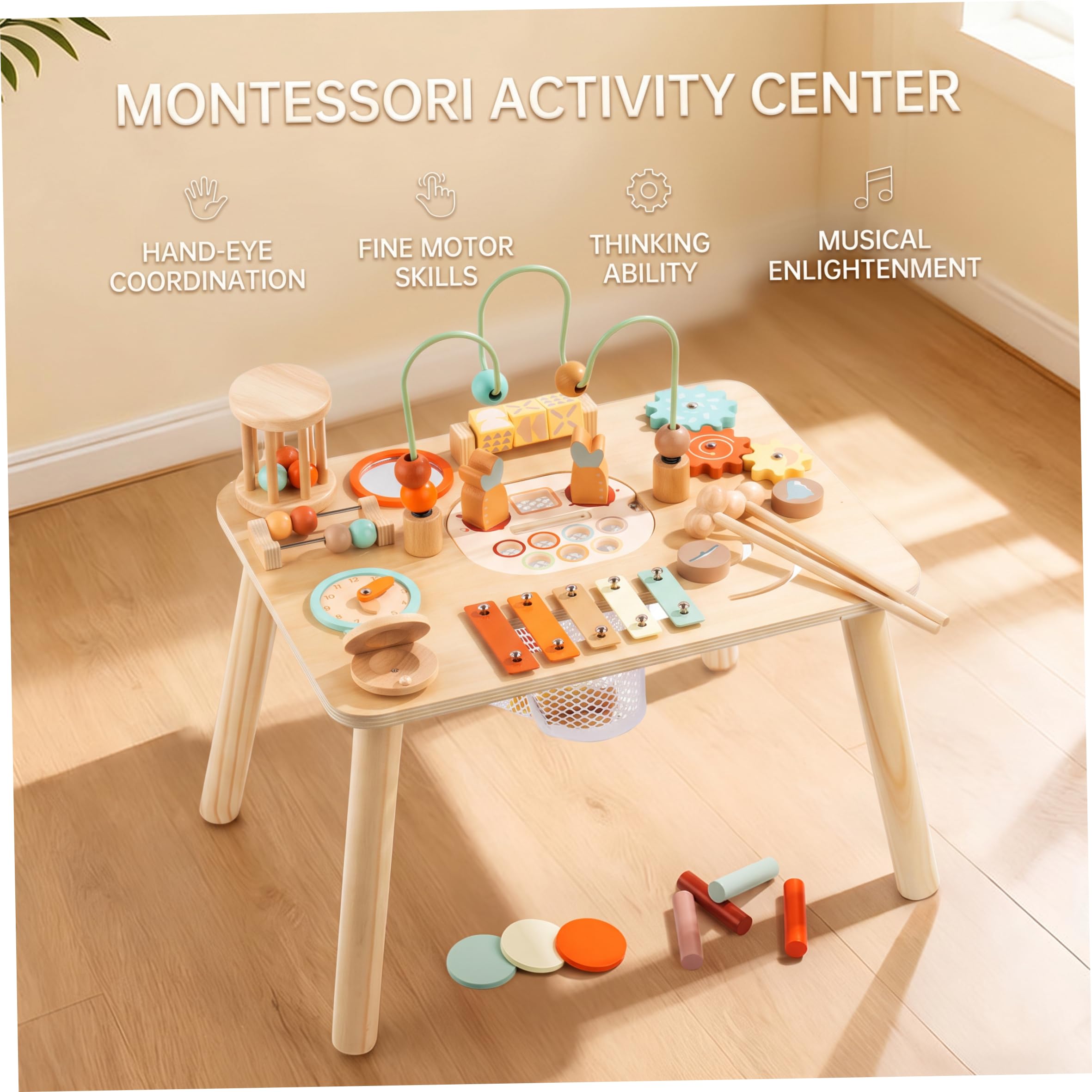 Mesa de Actividades Montessori, Laberinto de Cuentas Naturales para niños pequeños de Madera, Juego de Pesca 13 en 1, clasificador de Formas, xilófono, Primer cumpleaños.