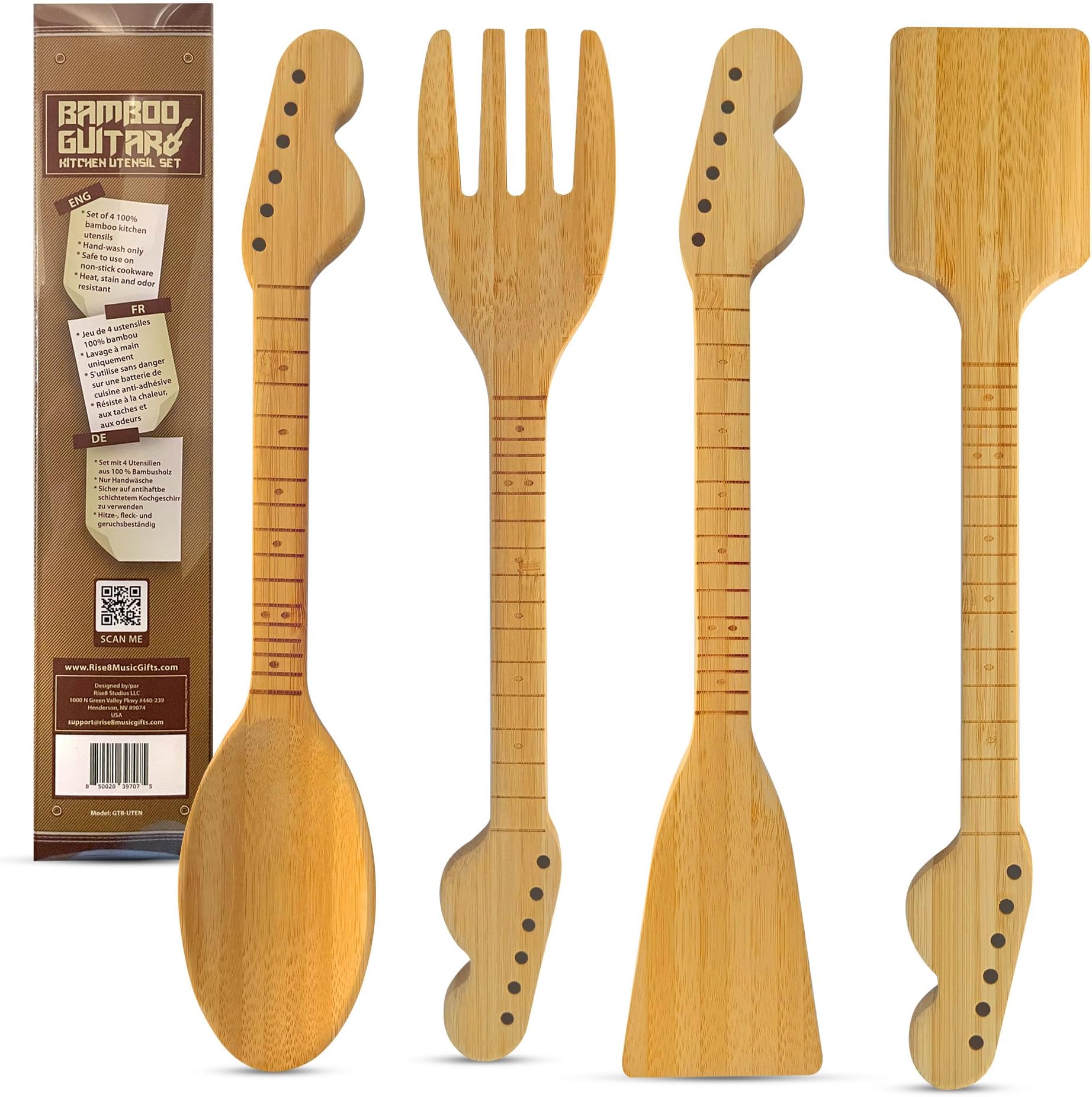 Bamboo Guitar Neck Shaped Kitchen Cooking Utensil Set - Guitar Shaped Musician Gifts - Set of 4: Spoon, Spatulas and Salad Fork