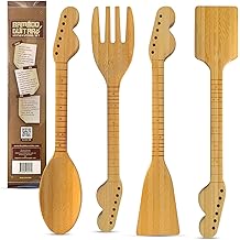 Guitar Bamboo Cooking Utensils Set (4-Piece) | Wooden Spoons and Spatulas | Fun Music Themed Kitchen Gadgets & Accessories | Unique Gift for Musicians, Guitar Players