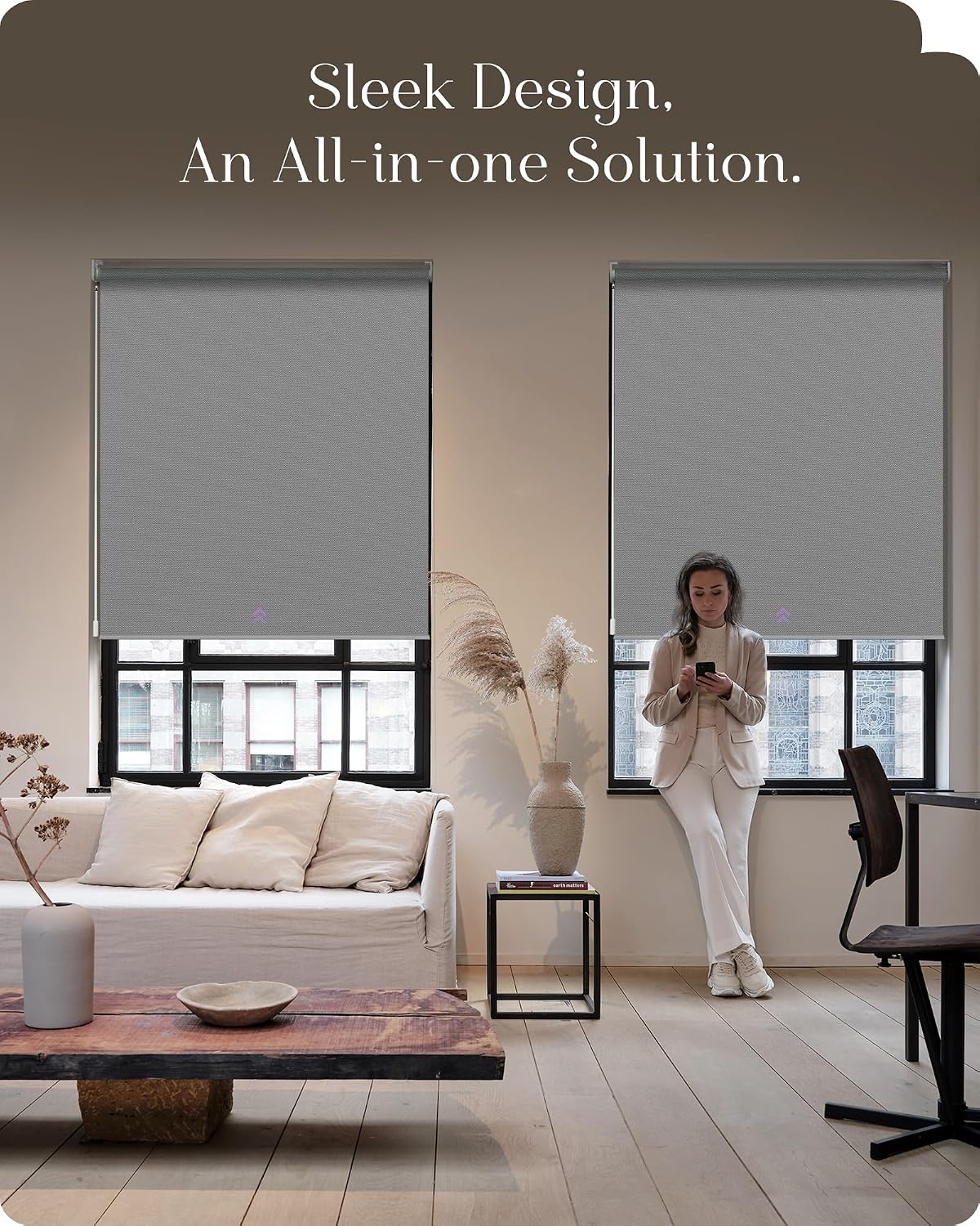 Graywind Small Roller Shades with Pull Wand 100% Blackout Window Blinds with APP Control Customized Automatic Shades for Home and Office(Custom Size,Grey)