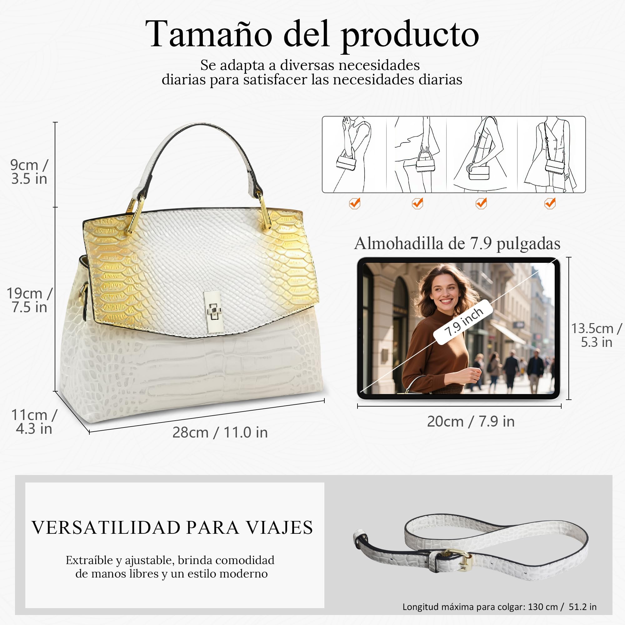 Bolso Elegante Mujer – Bolso de Viaje Casual de Piel PU con Estampado de Cocodrilo a la Moda, Multi Compartimentos & Correa Ajustable, Ideal para Trabajo, Compras y Viajes (Blanco Dorado)