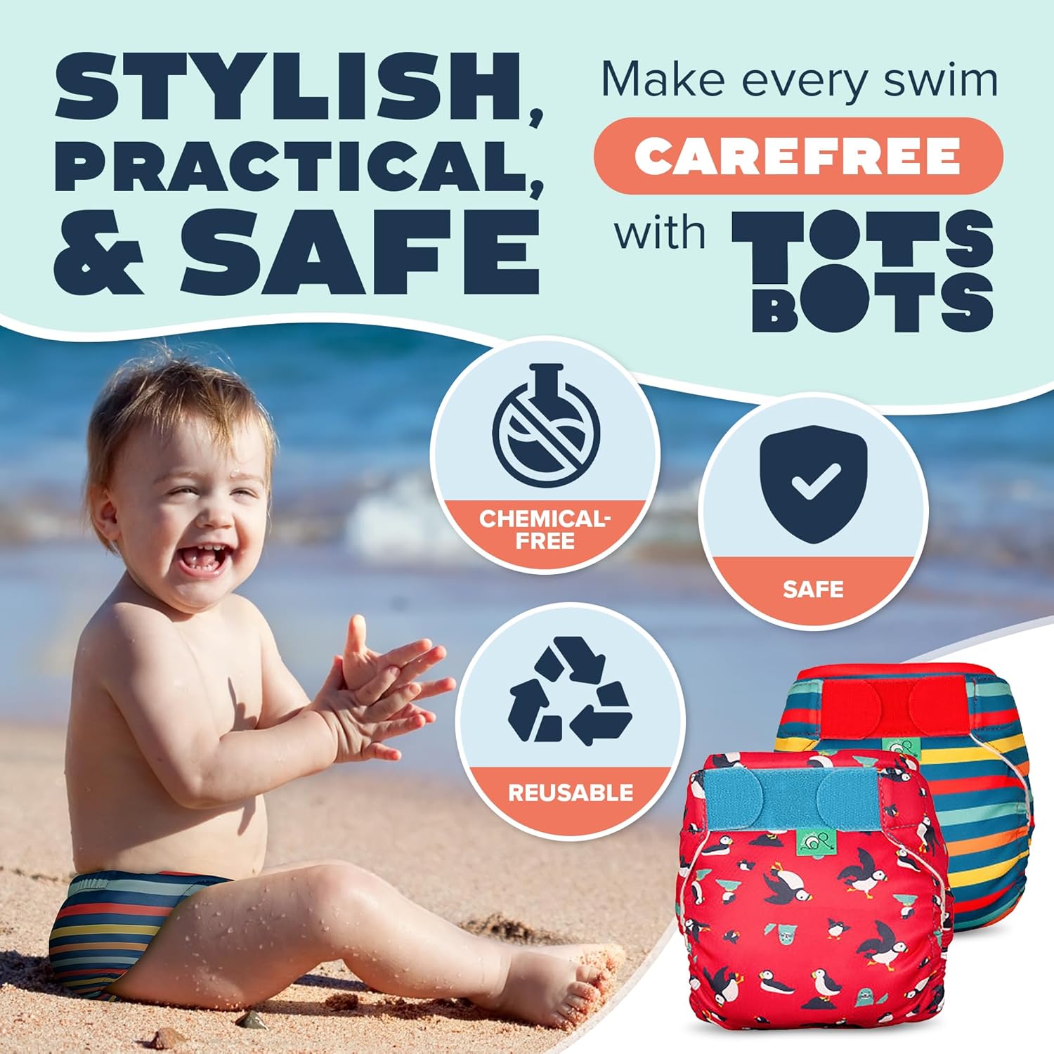 TotsBots Reusable Swim Diapers - Baby & Toddler Swimming Diapers, Adjustable Water-Friendly Swim Diaper - 2 Pack Bundle - (Size 2) - Image 7