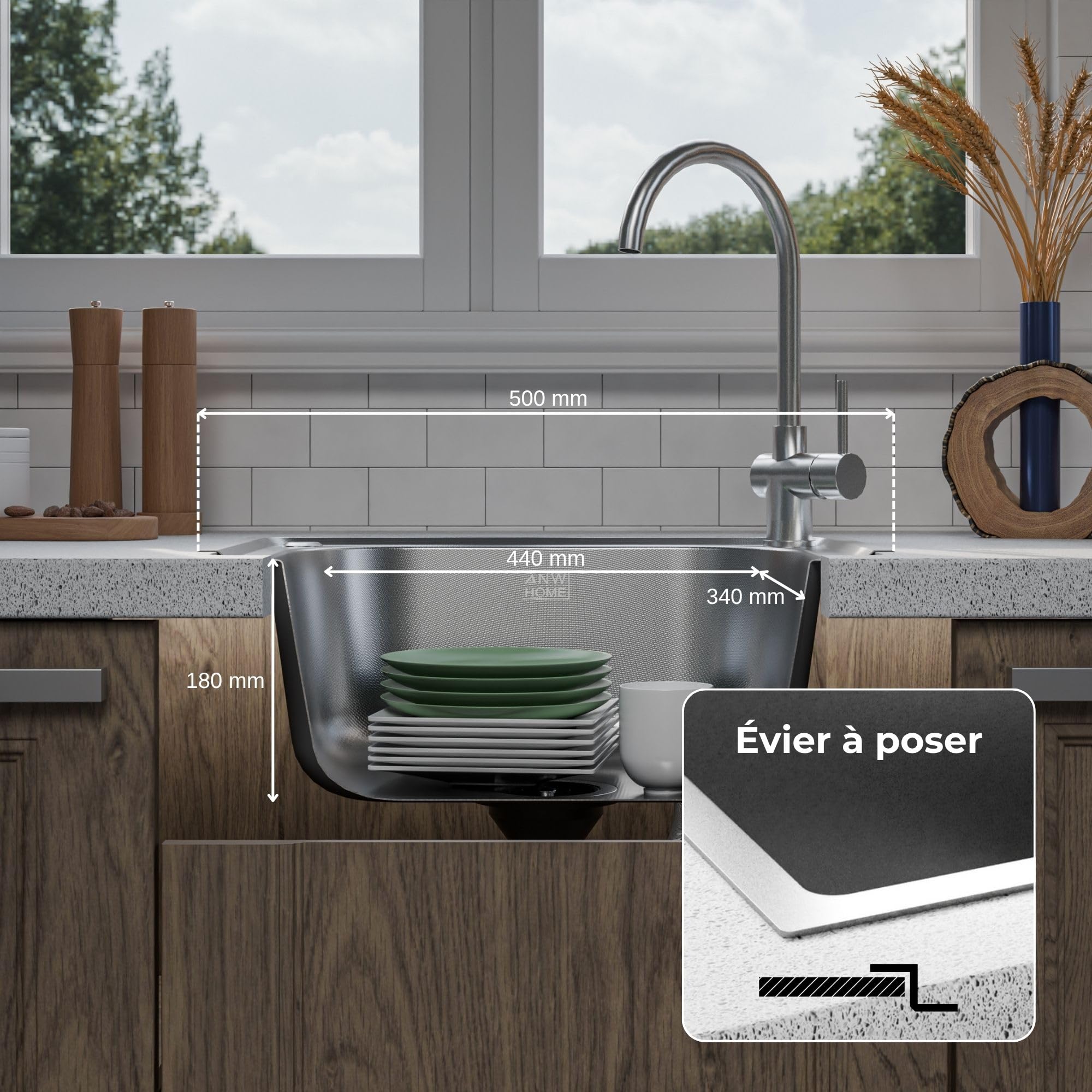 ANW HOME Evier Cuisine 50x40 cm, Evier Inox 1 Bac à Encastrer, Finition Anti-Rayures, Épaisseur 1 mm, avec Siphon