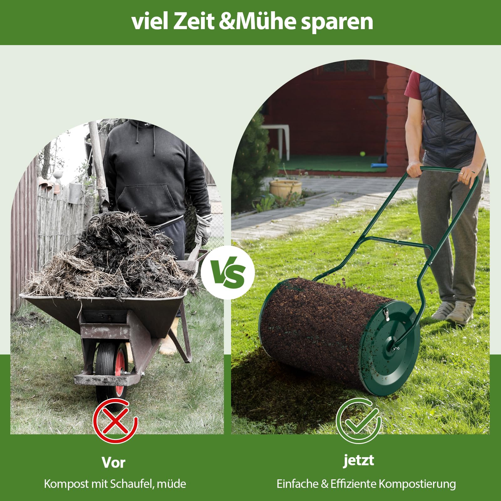 GOPLUS Esparcidor de Compost de 80 L, con Cierres Laterales y Mango en Forma de U, Esparcidor de Turba con Malla de Metal, Esparcidor de Jardín para Musgo de Turba, Fertilizante, Semillas (Verde)