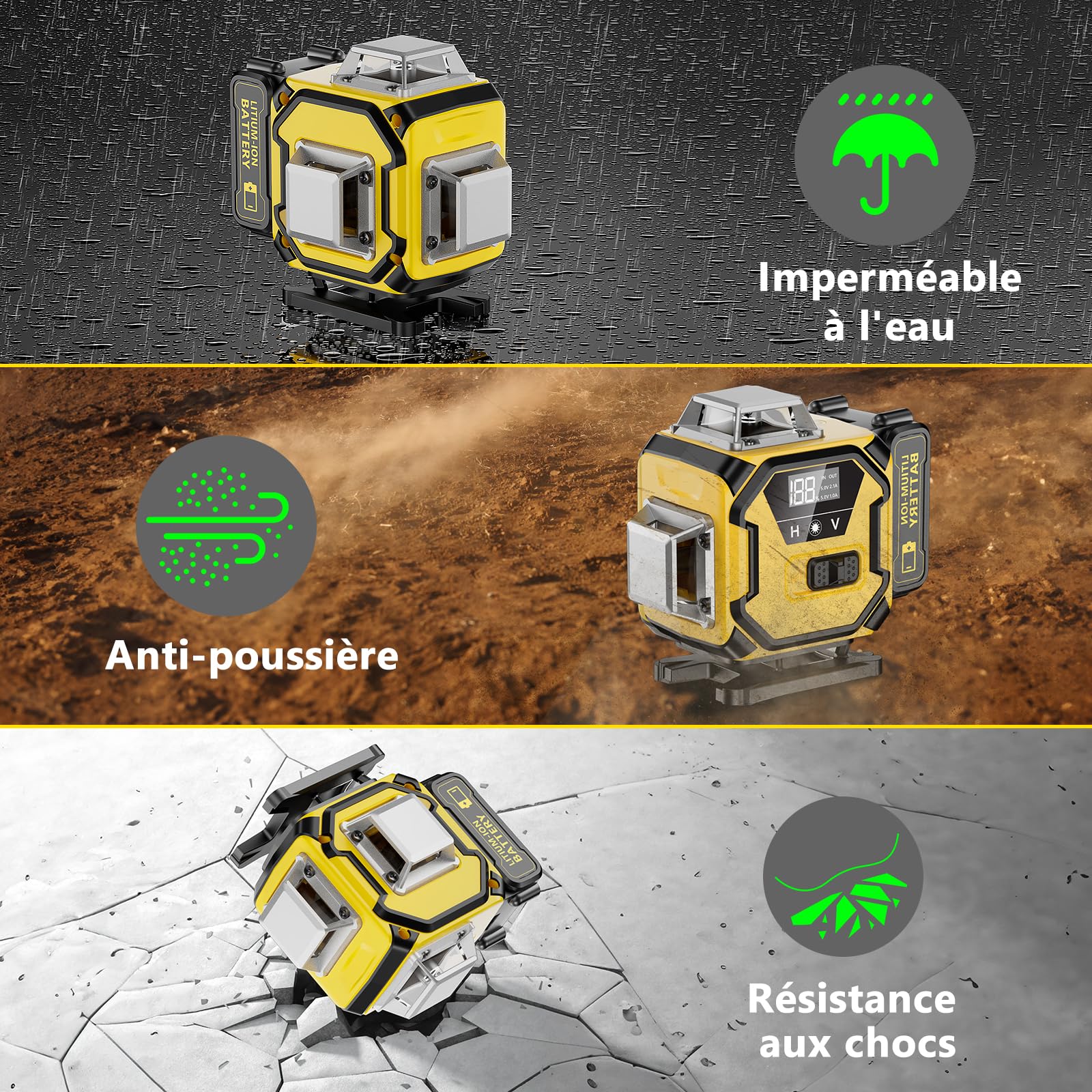 Niveau Laser Chantier Autonivelant 360° x 4, Lazer Niveaux 4D 16 Lignes Laser, Autonivellement et Mode Pulsé Extérieur, 2 x Batterie, Nivellement Automatique, Support Rotatif, Télécommande