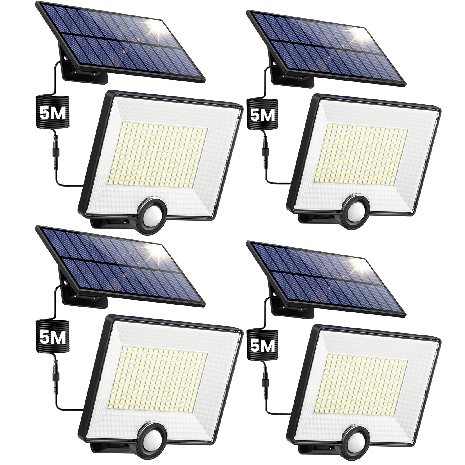 Pxwaxpy 4 Pezzi-Luce Solare LED Esterno [204LED] Lampada Solare da Esterno con Sensore di Movimento, IP65 Impermeabile Farette Solare a LED da Esterno con Cavo di 5M Pannello Solare Indipendente