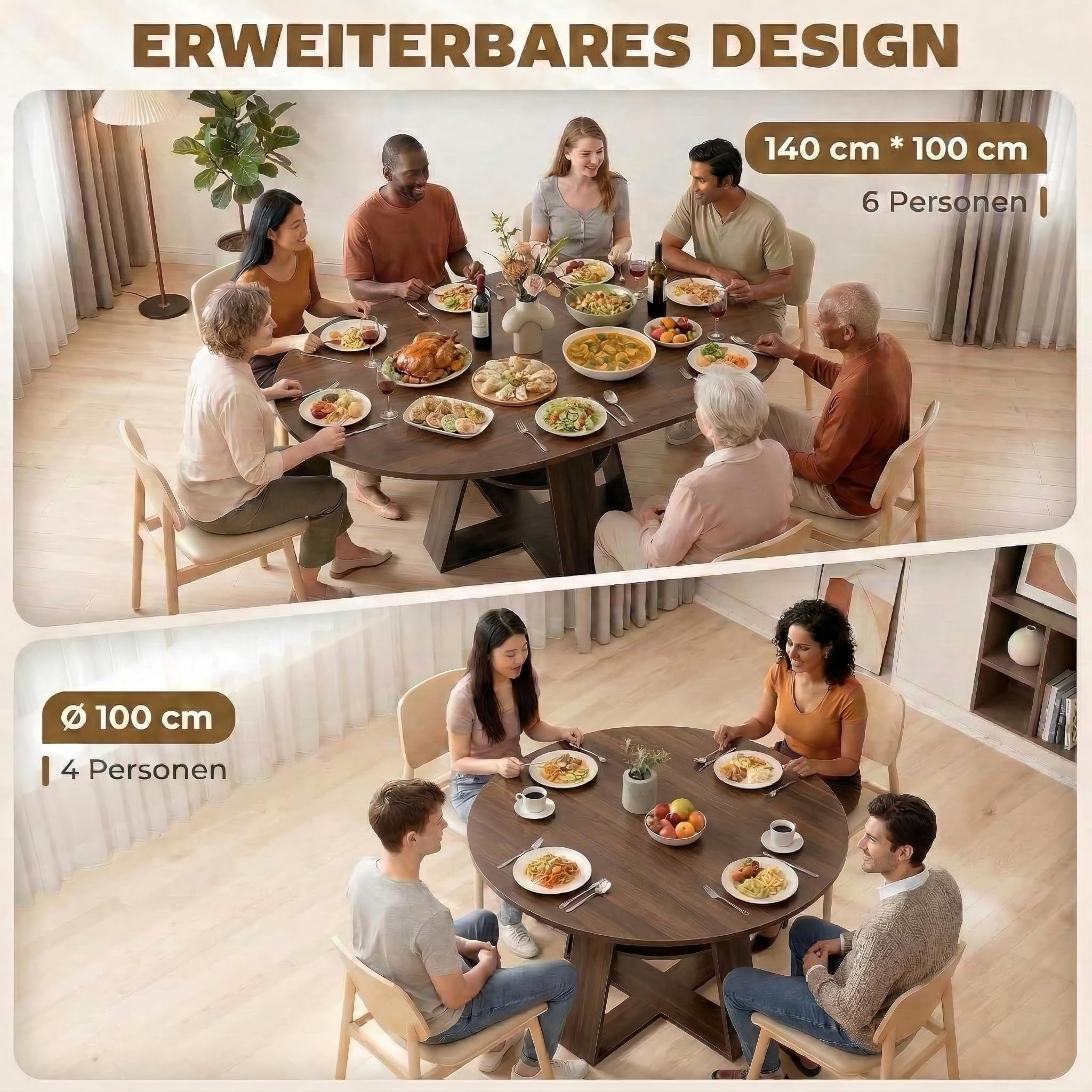 Esstisch Ausziehbar Holz, Küchentisch 100cm-140cm, Esszimmertisch Ausziehbar für 2-8 Personen, Ausziehtisch Esszimmer Mit Abnehmbarer Tischplatte, Holzgestell mit Ablagefläche