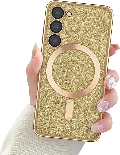 Funda magnética para Samsung Galaxy S23, funda con purpurina brillante, TPU suave, protección completa de la lente de la cámara, funda brillante