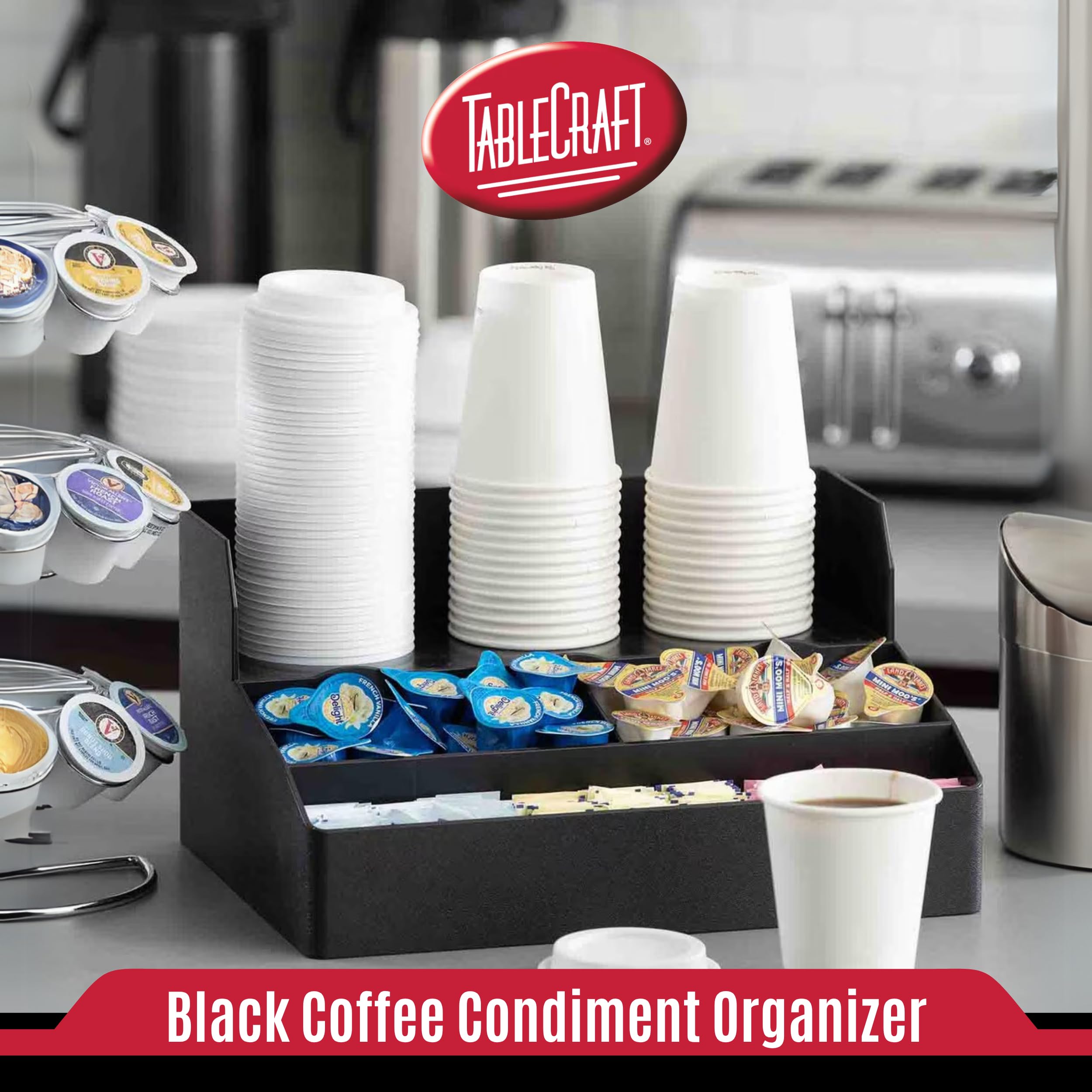 TableCraft 12638 Coffee Condiment and Cup Storage Organizer, 3 Compartments Plus 3 Cup Holders, Durable BPA-Free PP Plastic, Black, Dishwasher Safe, Ideal for Restaurants, Cafés & Breakfast Buffets