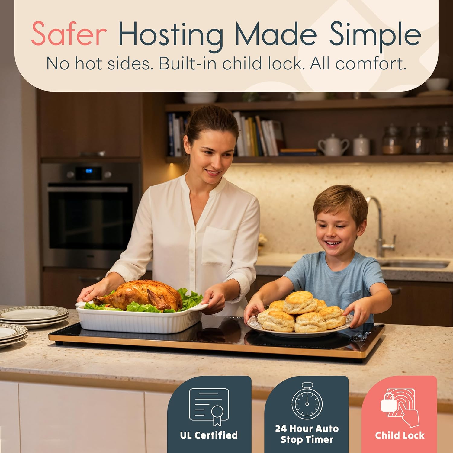 Electric Warming Tray for Food | 39"x14" XL Thermaplate Electric Food Warmer for Kitchen & Buffet | 1" Thin Countertop Hot Plate with Touch Controls, Adjustable Temp, Black/Gold Finish