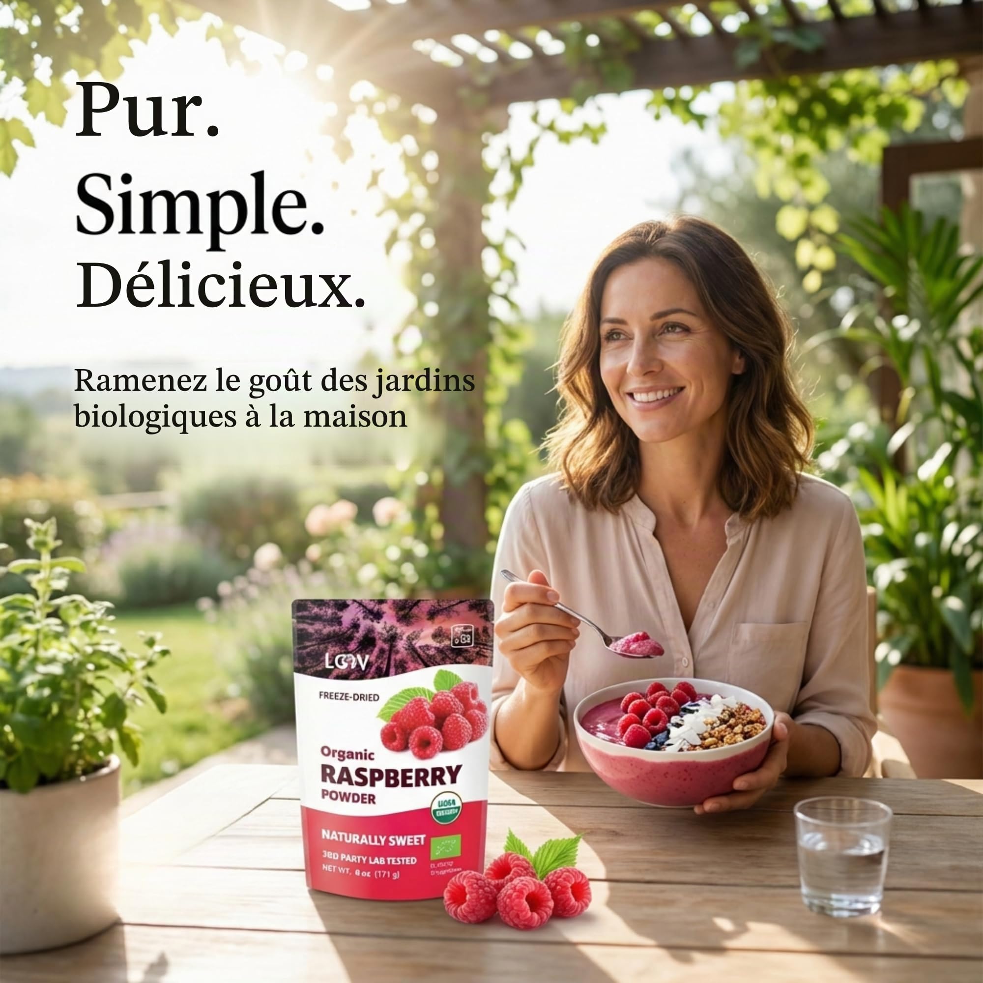 Poudre de framboise bio LOOV, produite à 100% de framboises entières, Framboises lyophilisées et réduites en poudre, 170 g, crue, produite en Europe, portions pour 24 jours, aucun sucre ajouté
