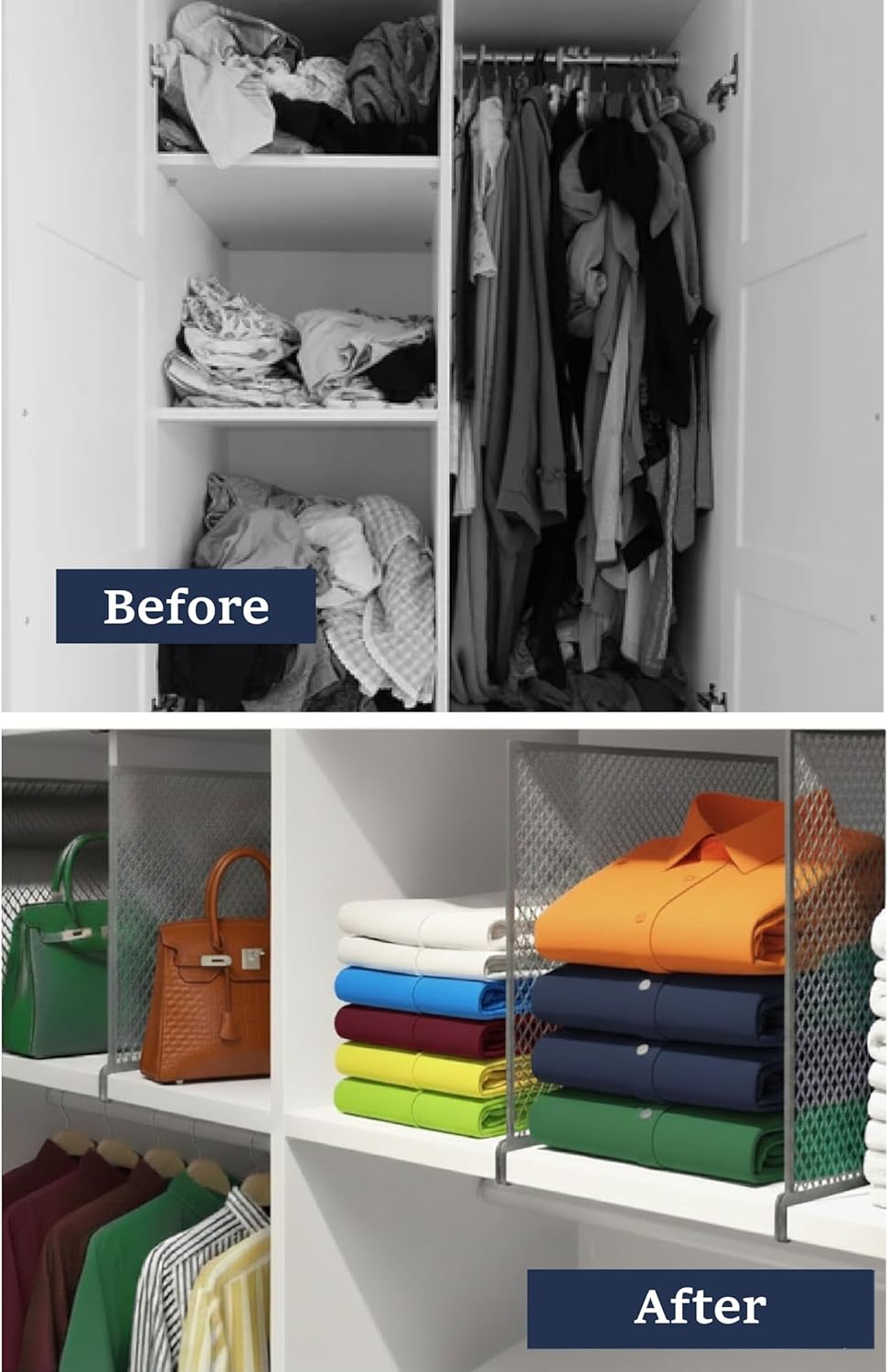 Nexu 6-Pack Metal Mesh Shelf Dividers for Closet Organization, Ultra-Stable Under-Shelf Hook Design, Matte Non-Slip Heavy Duty Purse & Handbag Organizer for Shelving, Kitchen, Office. (Grey)