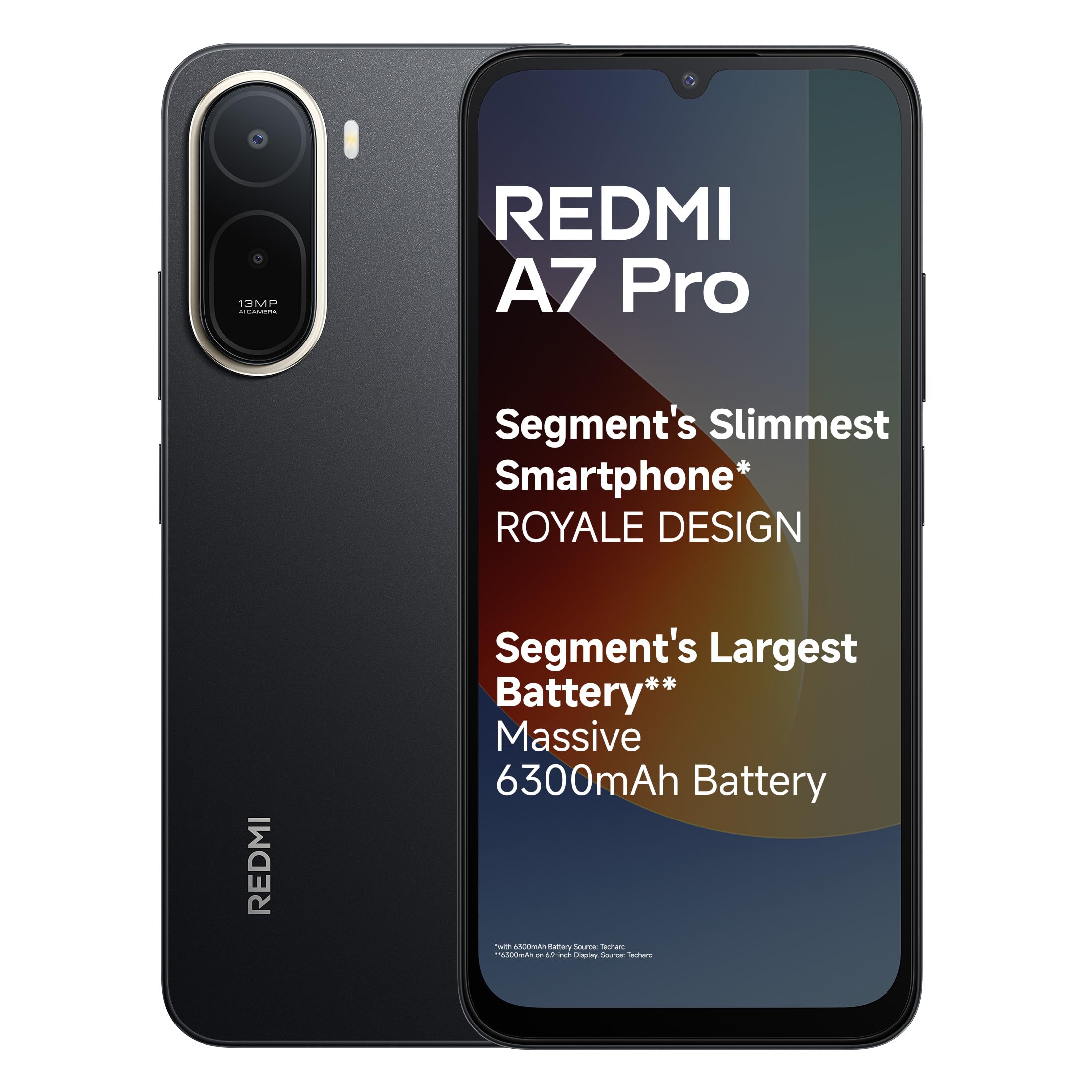 Redmi A7 Pro 4G Smartphone, Black color, rear view showing dual camera and Redmi branding.