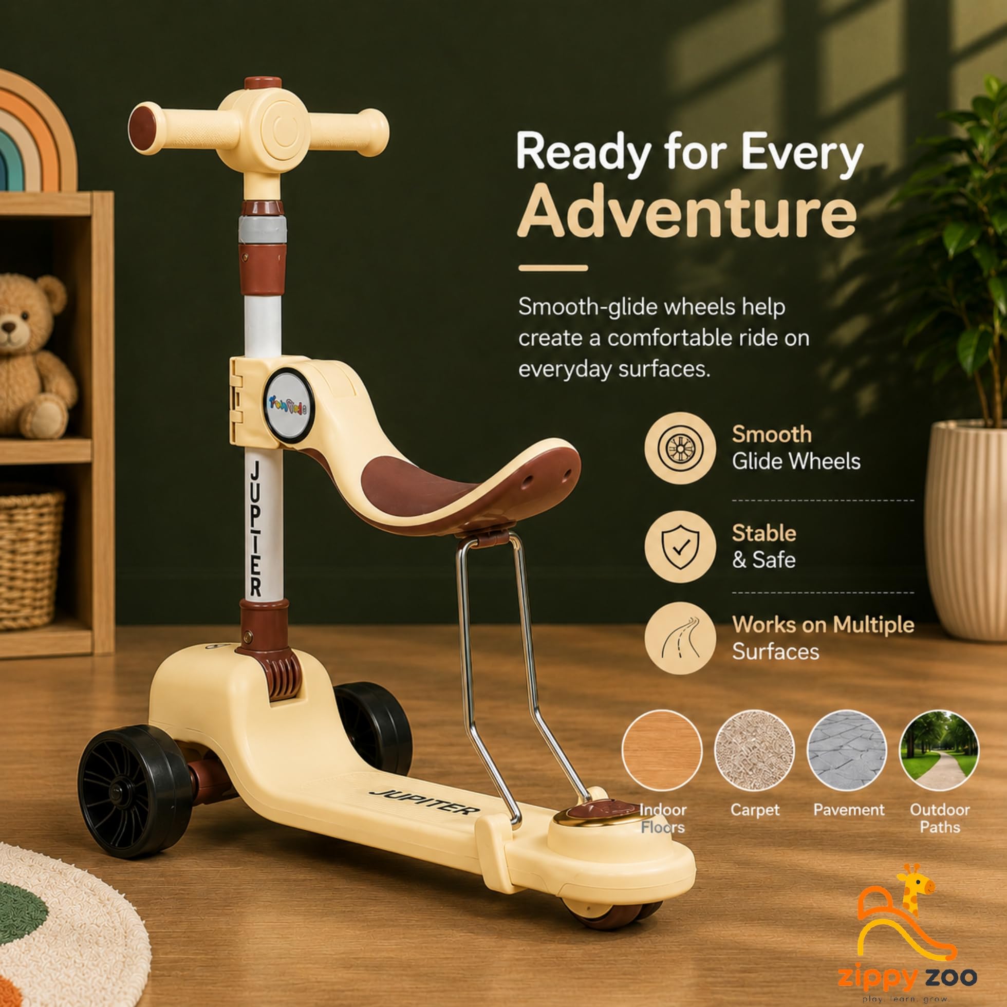 Zippy Zoo 2-in-1 Kids Scooter with Seat | 52x24x70 cm 3 Wheel Kick