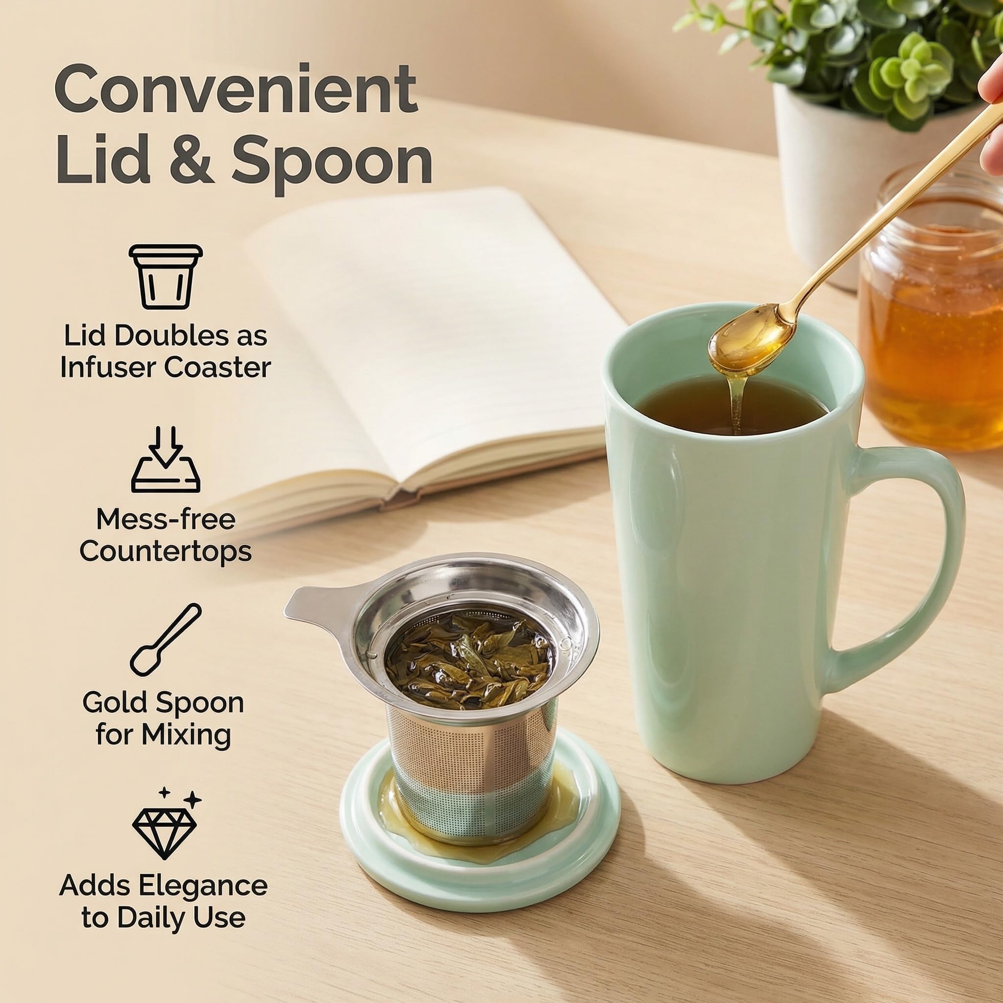 Taza de té de porcelana de 15 onzas con infusor, tapa y cuchara, taza de té de hojas sueltas, color verde menta