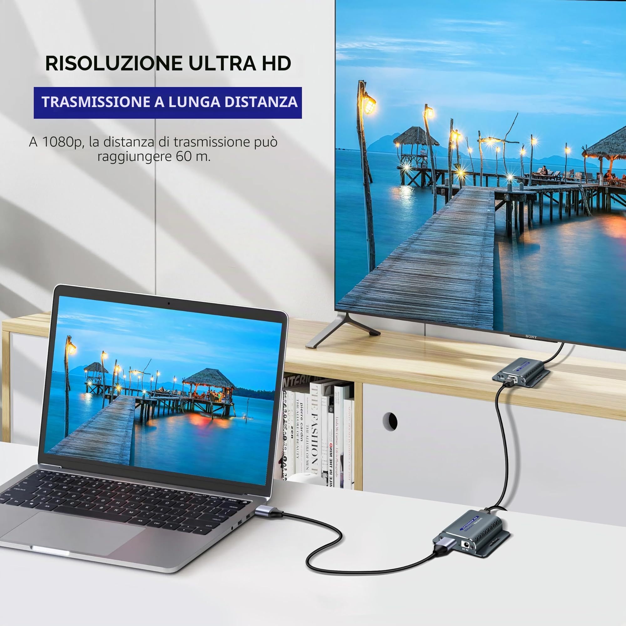 HDMI Extender 60m/196Ft - RJ45 to HDMI Extender With POC, 1080p EDID Support for Cat5e/6/7/8 OFC Ethernet Transmitter Receiver and 5V Power Adapter