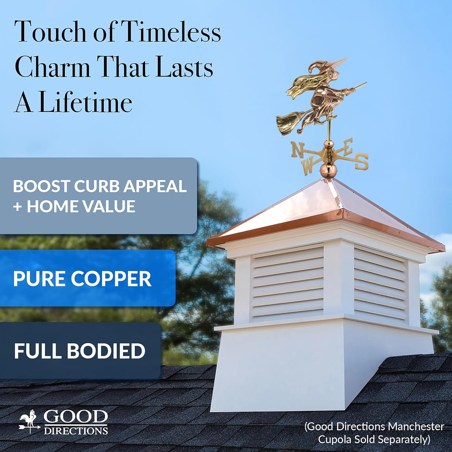 Good Directions Witch Weathervane with Roof Mount, Pure Copper