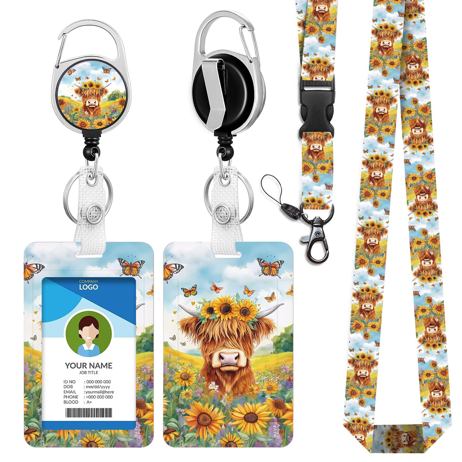 bolimoss Highland Cows Lanyards with Card Holder Watercolor Butterfly Sunflower ID Badge Holder with Adjustable Breakaway Lanyard Cute Retractable Badge Reel for Teacher Student Kids Nurse Office — image 1