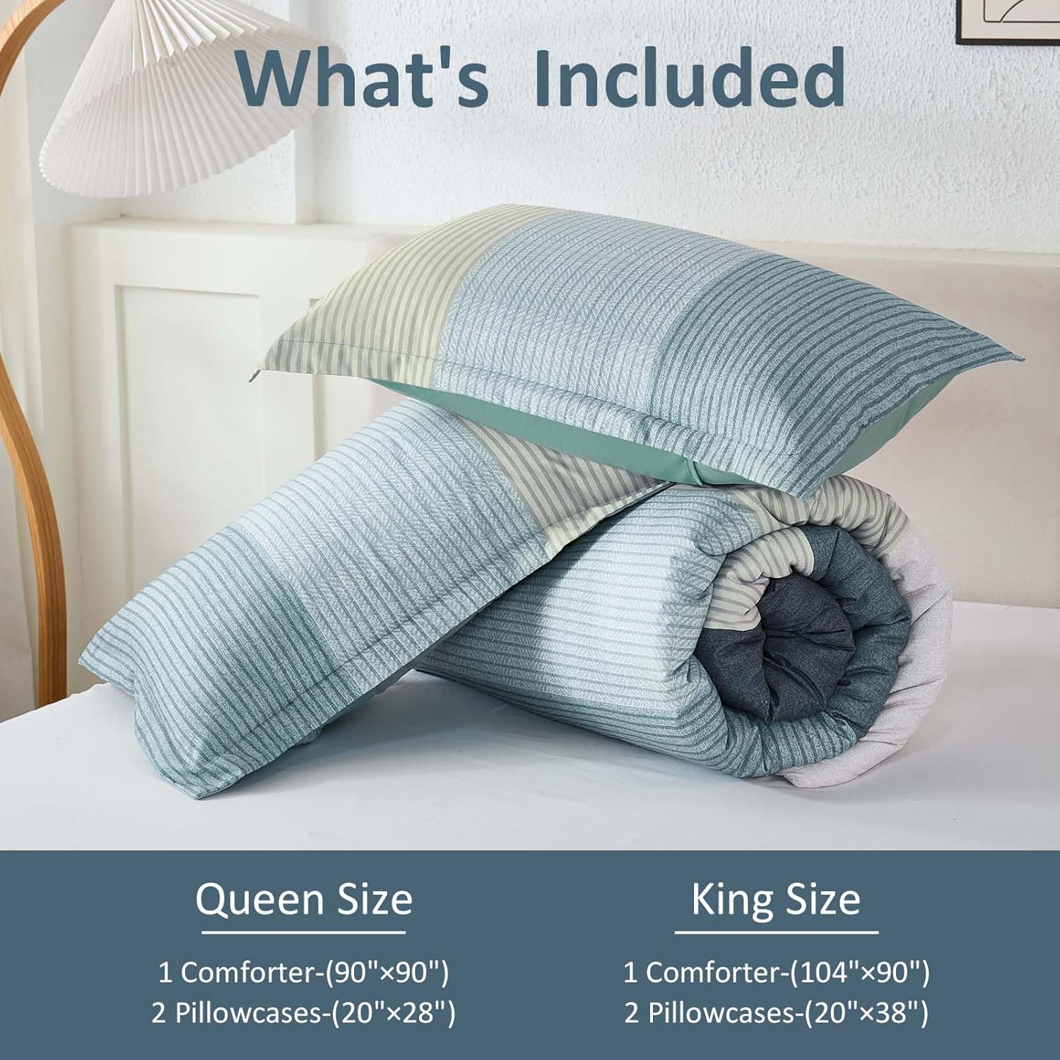 WONGS BEDDING Comforter Set Queen Size, Blue Striped Patchwork Comforter for Queen Bed,3 Pieces (1 Comforter+2 Pillowcases) Soft Microfiber Bedding Set for All Season (90"x90") - Image 7
