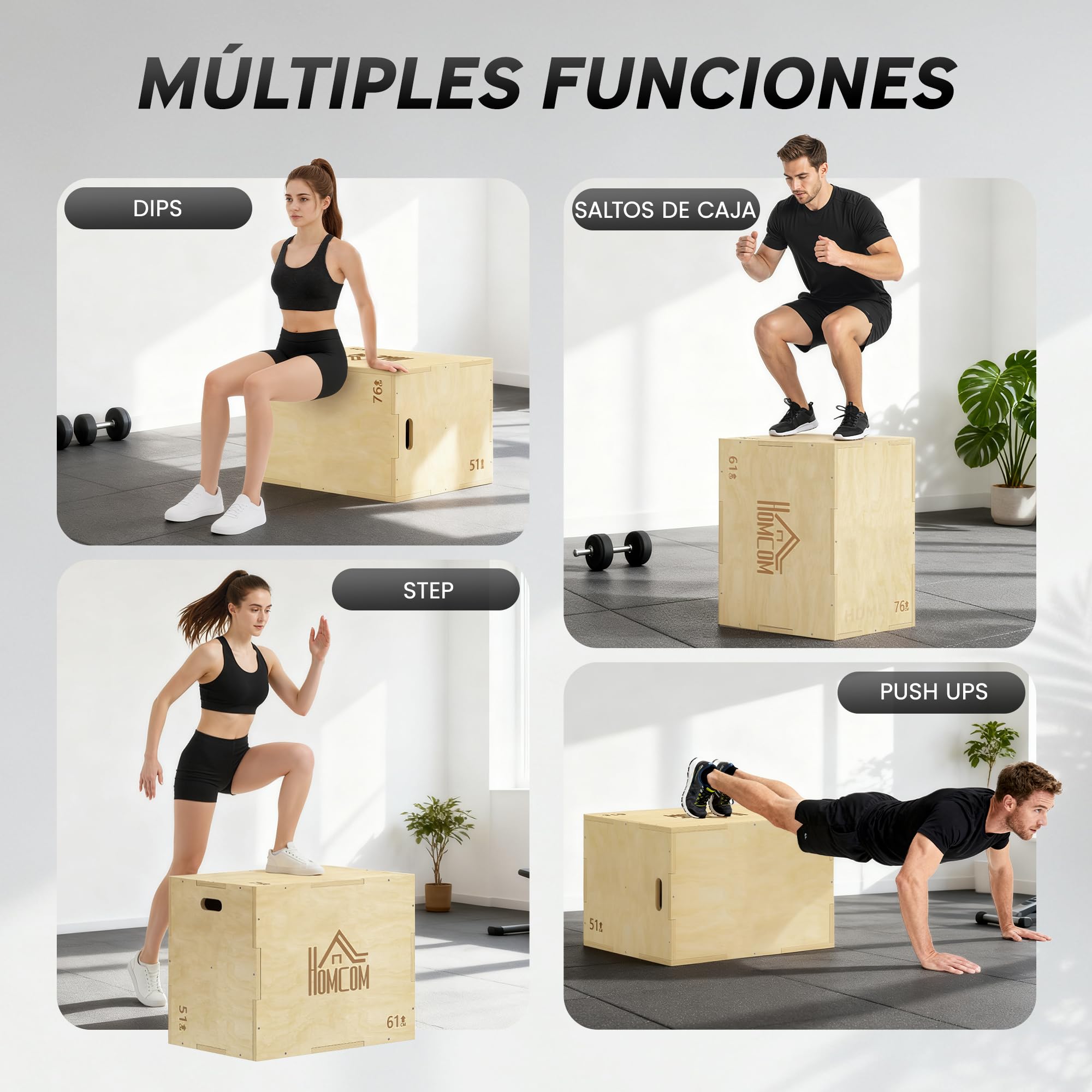 HOMCOM Cajón Pliométrico de Madera 3 en 1, Plataforma de Caja Pliométrica con 3 Alturas Diferentes, 2 Mango Hueco, Entrenamiento de Salto, Fuerza, para Casa, Gimnasio y Exterior, 61x51x76 cm