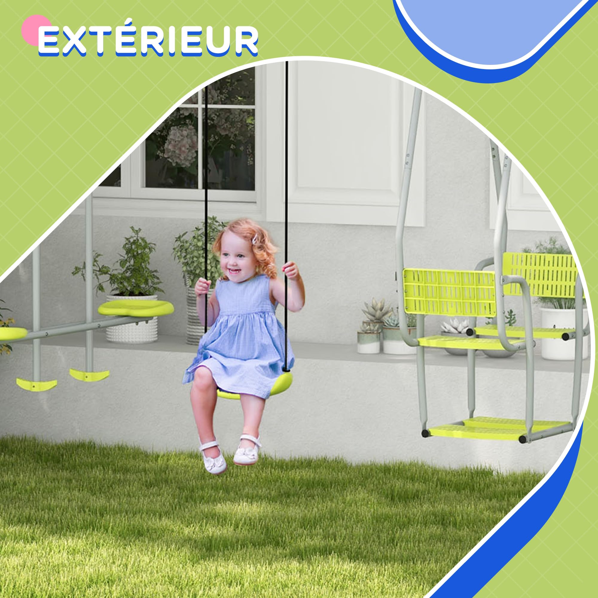 Outsunny Balançoire Portique pour Enfant 3 en 1 avec 1 Face à Face Vert | 3 Agrès, Balançoire de Jardin, Structure en Métal, Charge Max. 225 kg, Aire de Jeux Extérieure