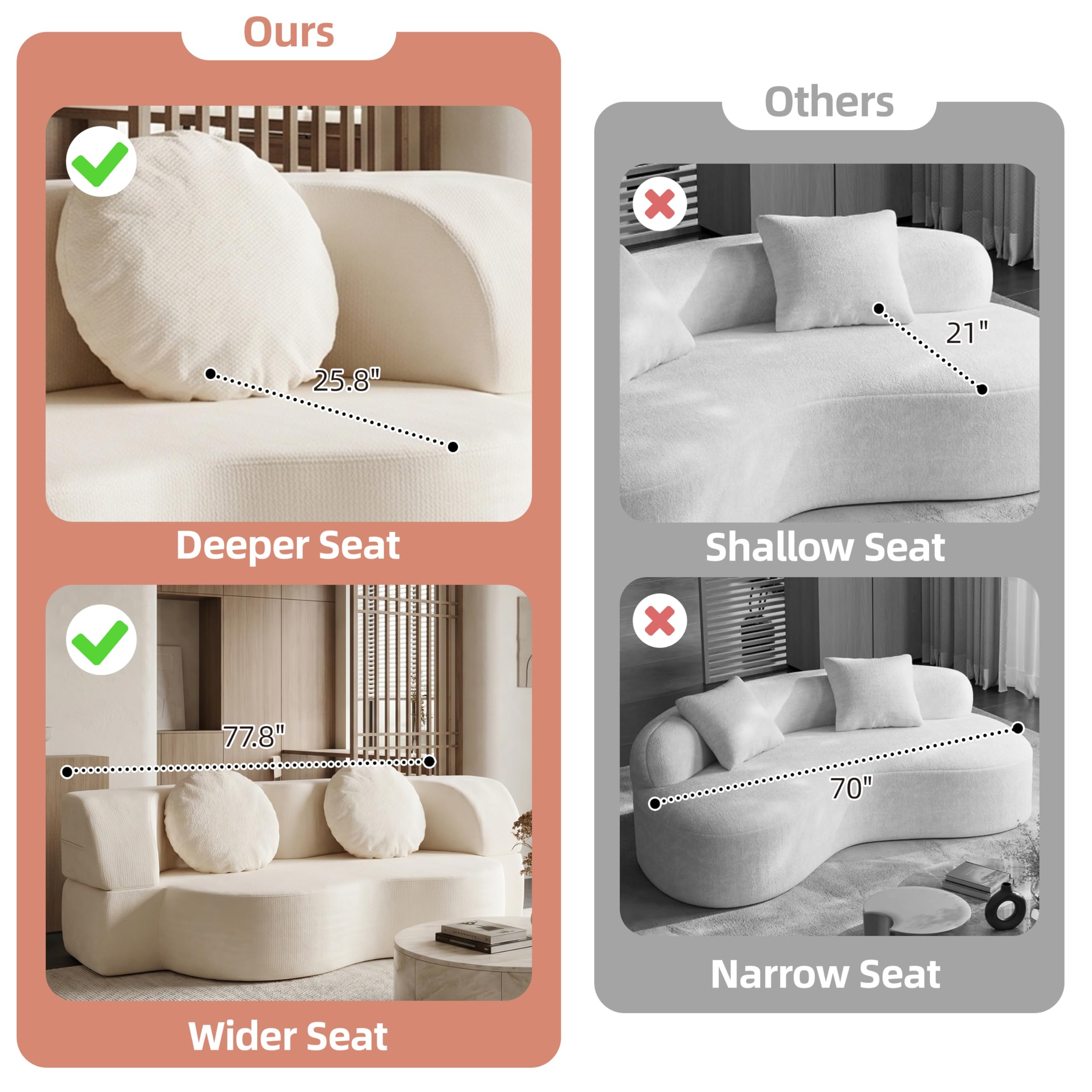 Nuturelly 78" Floor Sofa Bed, Convertible Couch, No Assembly, White | Safe for Kids & Pets, High-Density Foam With Memory Foam Layer, Spot Clean Or Machine Wash Cover, 2 Pillows Included