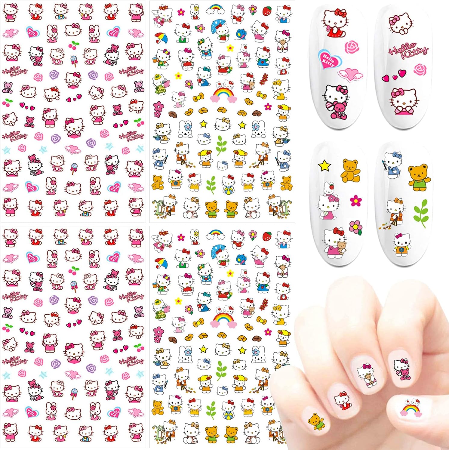 DIBESTS 4 Sheets Cute Cartoon Nail Art Stickers 3D Design Nail Decals Anime Cat Nail Stickers for Girls Kids Women Kawaii Manicure Decorations Nail Charms Accessories Nail Supplies (300+ Decals)