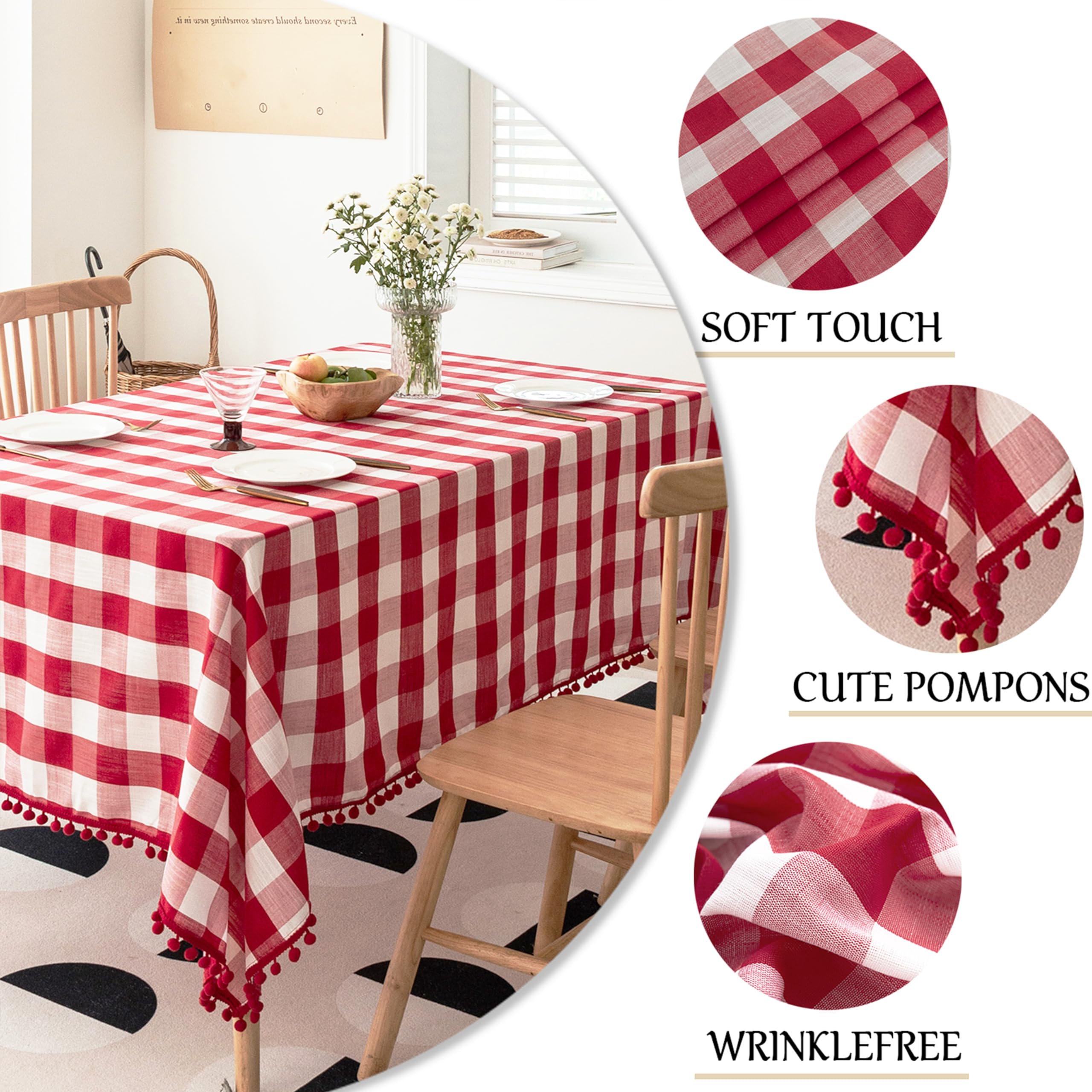 Jubilantex Mantel rectangular con pompones, color rojo y blanco, con pompones, con textura de lino rústico, con borlas, para mesa de comedor de cocina, 60 x 84 pulgadas