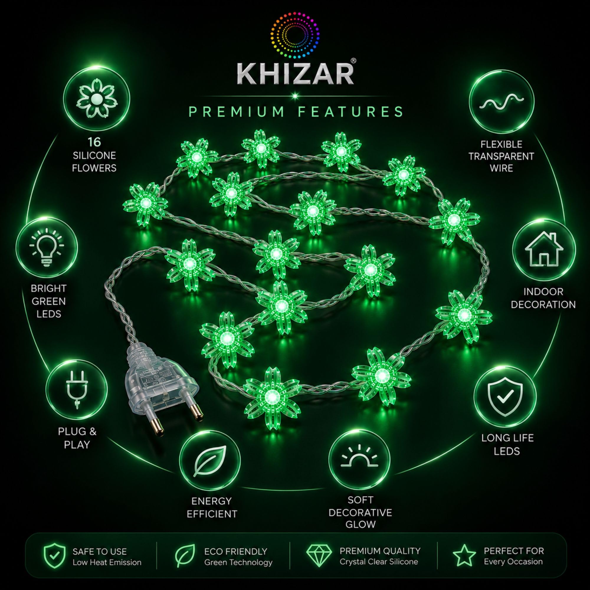 KHIZAR LED String Lights for Decoration, Fairy Curtain & Hanging Lights for Bedroom, Ramadan, Eid, Festival & Home Wall Decor (Green Flower) 2