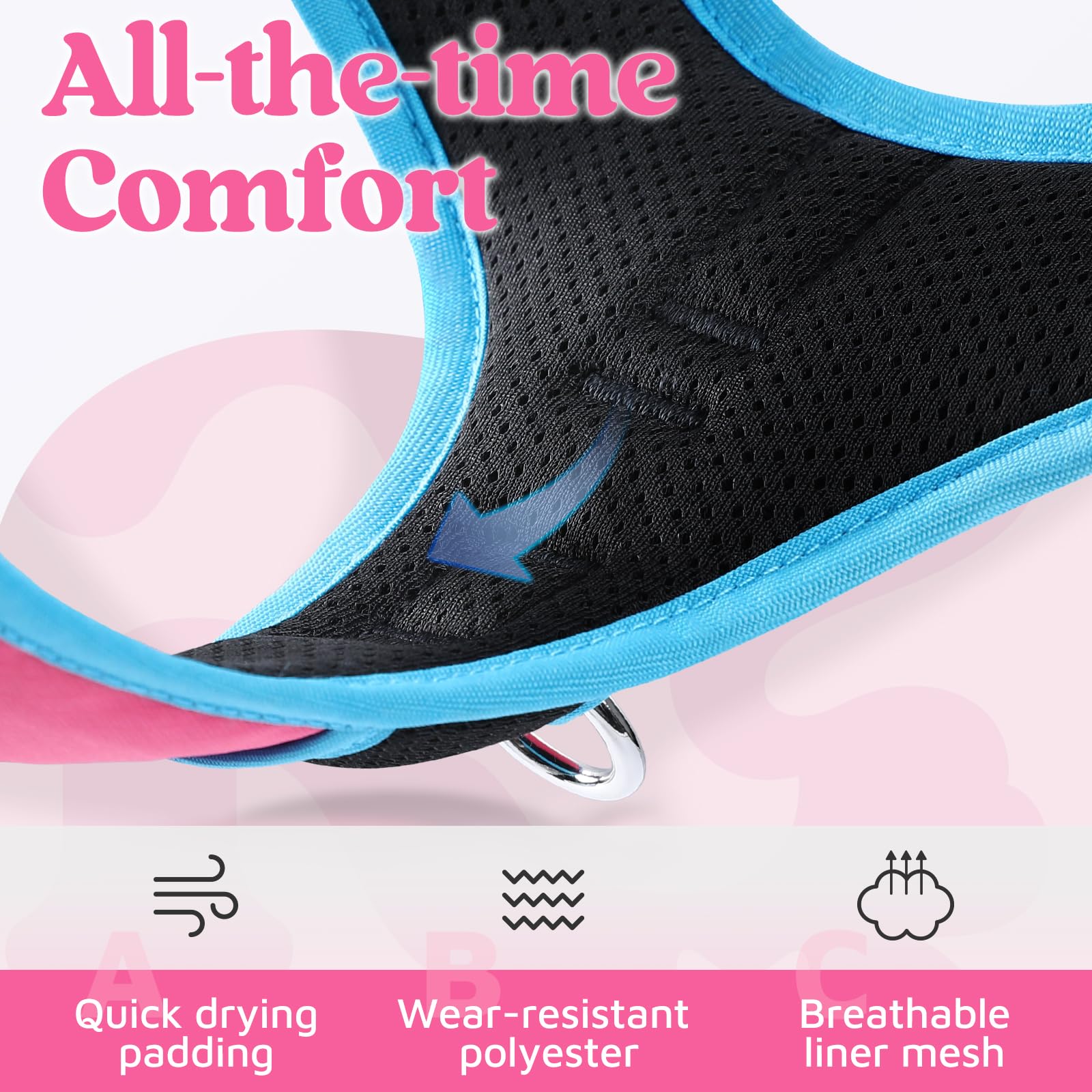 rabbitgoo Harnais pour chien de petite taille, gilet anti-traction pour chien avec 3 boucles, harnais rembourré doux réglable avec poignée de contrôle facile et bandes réfléchissantes, rose et bleu,