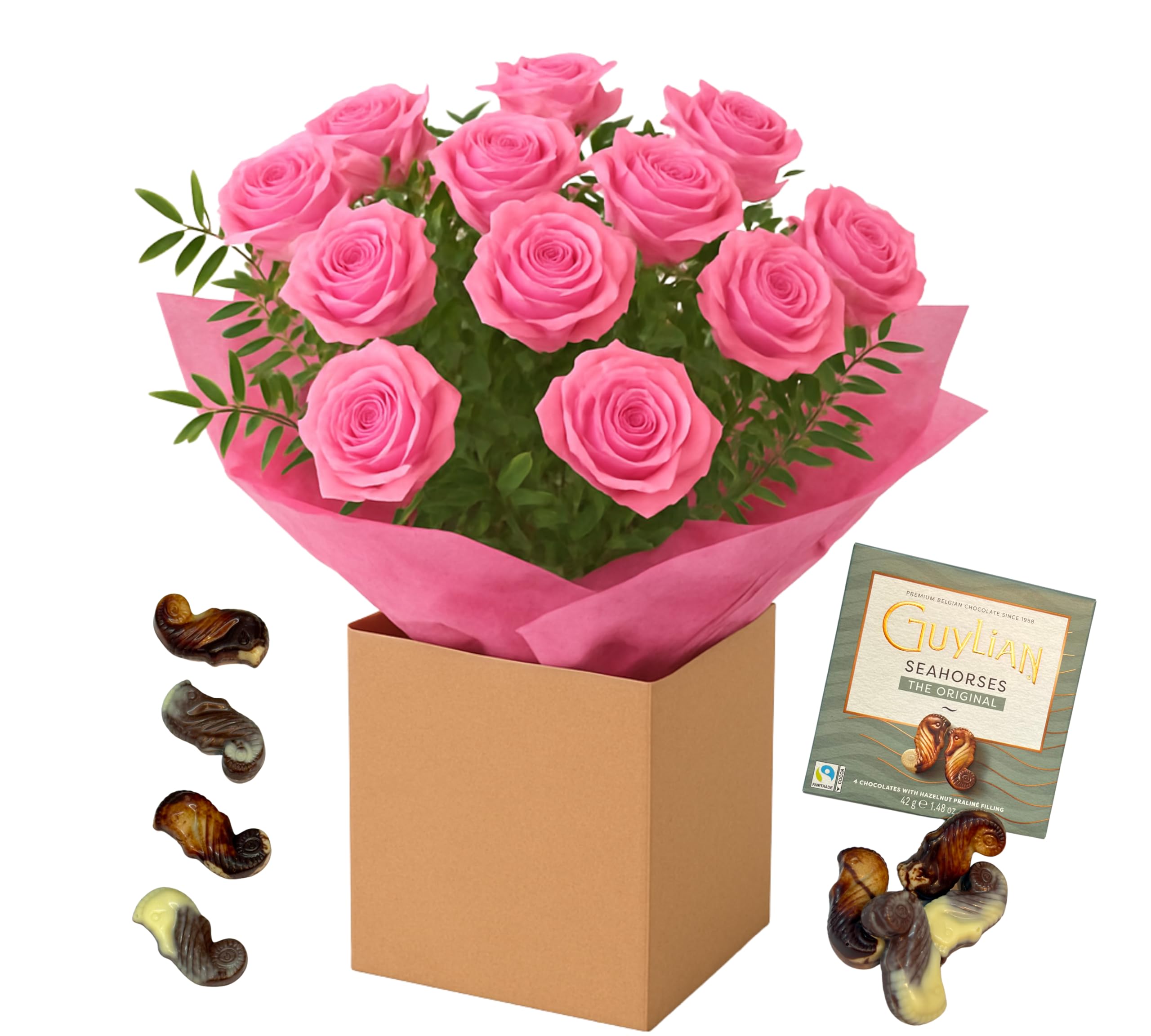 Dozent Hot Pink Roses Fresh Flower Bouquet – Chocolate Gift Arrangement for Birthday, Anniversary, Mother's Day, Thanksgiving, Celebration, Housewarming, Indoor Floral Decor (Chocolate)