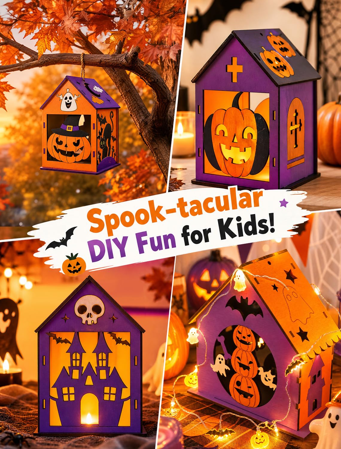 hapray 12 piezas de manualidades de casa de Halloween, kit de pintura de calabaza de madera para niños