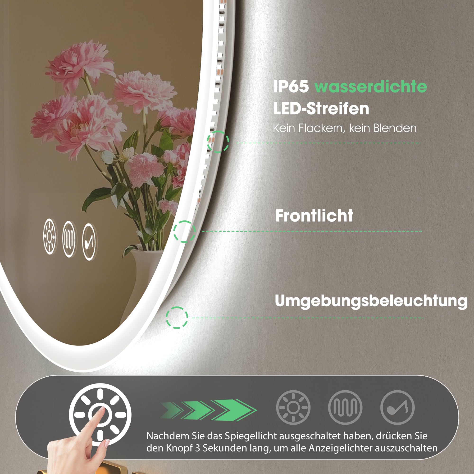 S'bagno Runder-Badspiegel-mit-Beleuchtung-60cm, Badezimmerspiegel-mit-Beleuchtung-und-Bluetooth, Entfoggen, 3000K/4000K/6500K, Dimmbar, HD-gehärtetes Glas, Speicherfunktion, IP44