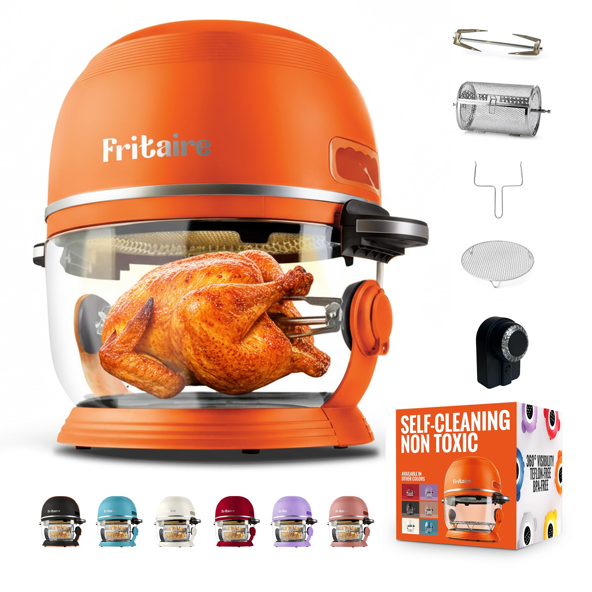 Non Toxic Air Fryer™ - Glass AirFryer 5 Quart w/ 360 Visibility, Self-Cleaning, 400F Vortex Air Fryer for Even Cooking, BPA-Free Teflon Free, 9-in-1 Functions, Rotisserie, Roast, Bake, Orange