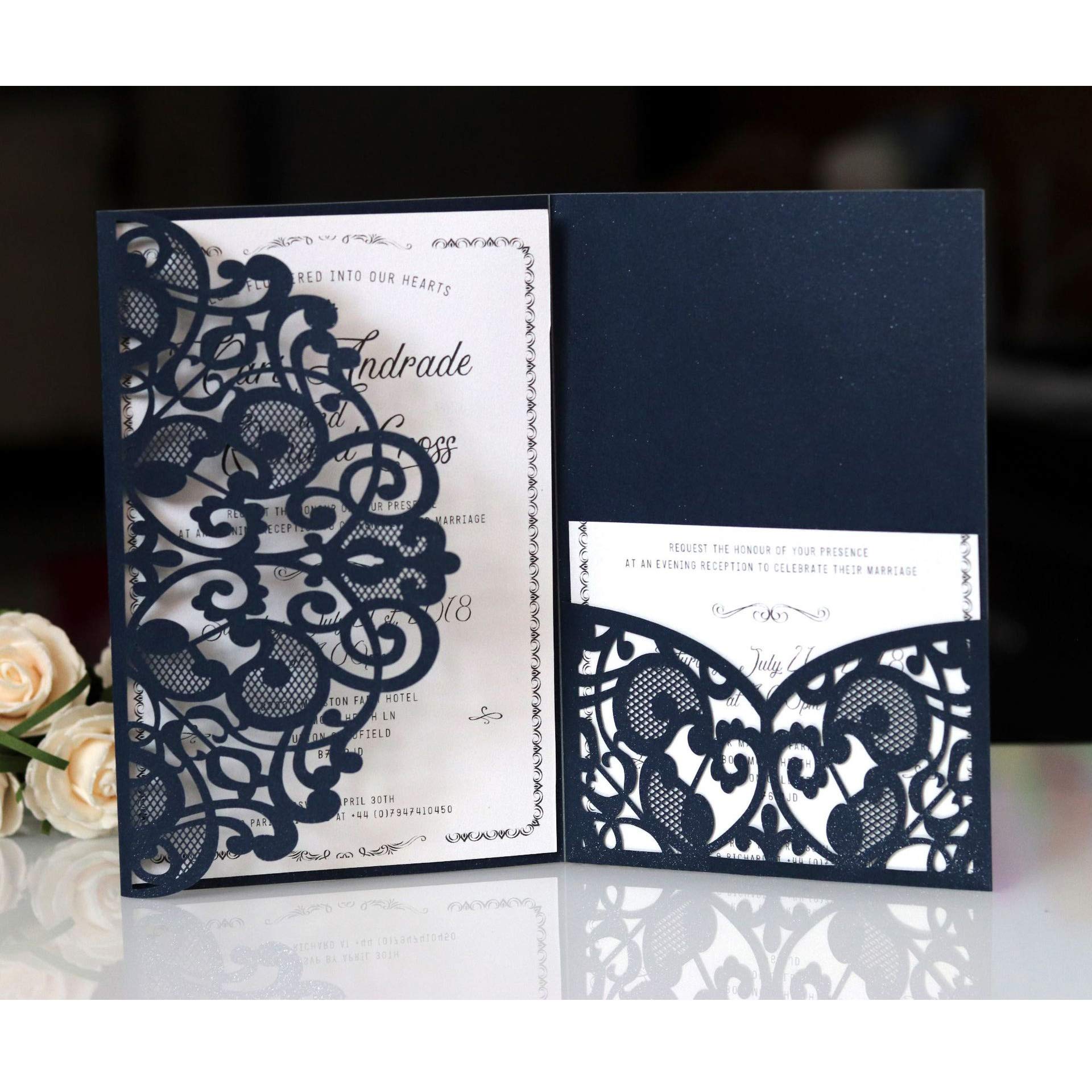 BLUGUL 10pcs Tarjeta de invitación de Boda, Invitaciones de Boda, Hollow Floral Design, con 2 Tarjetas en Blanco, Azul Marino
