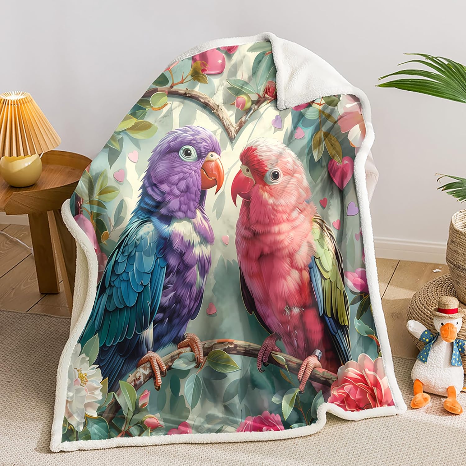 AILONEN Kawaii Parrot Sherpa Blanket,3D Rose Floral Throw Blanket for Kids Teens Adults,Purple Pink Bird Blanket for Bed Sofa Couch Decor,Soft and Cozy, 78 x 59 Inches